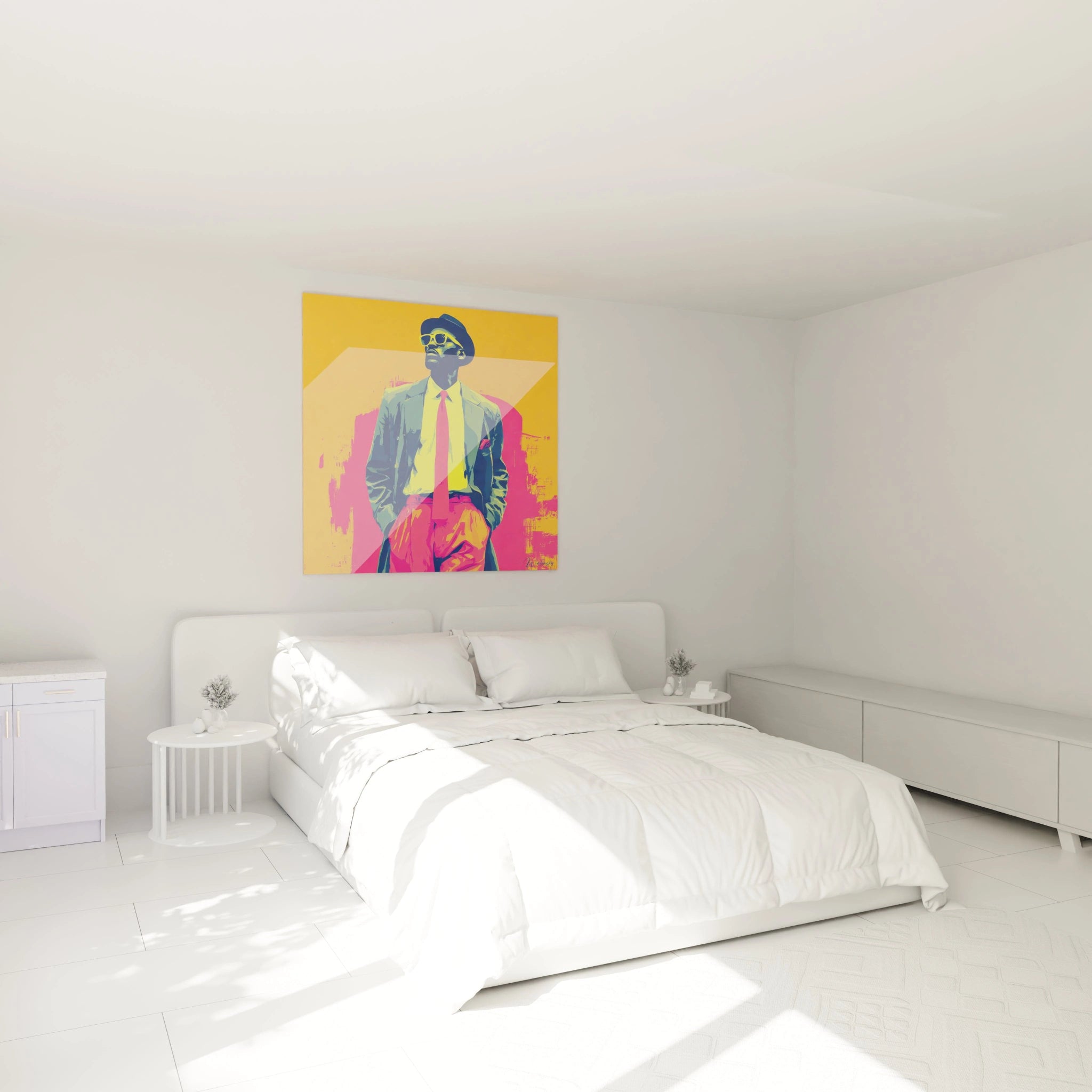 Tableau mural portrait mode afro-américain dans une chambre moderne avec des tons neutres