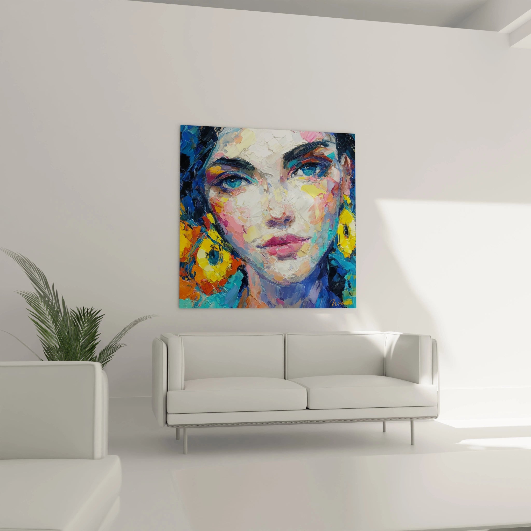 Tableau portrait moderne de femme aux yeux captivants et couleurs vibrantes sur un mur minimaliste