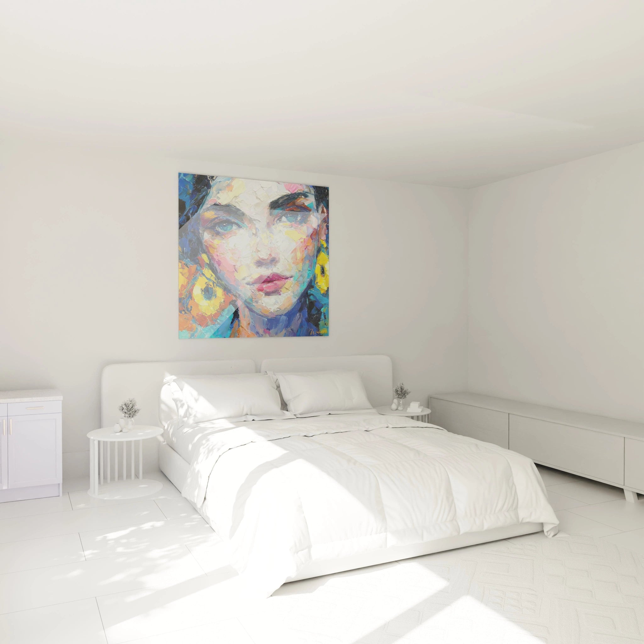 Tableau mural portrait moderne de Walensky, couleurs vives, ambiance artistique dans une chambre lumineuse