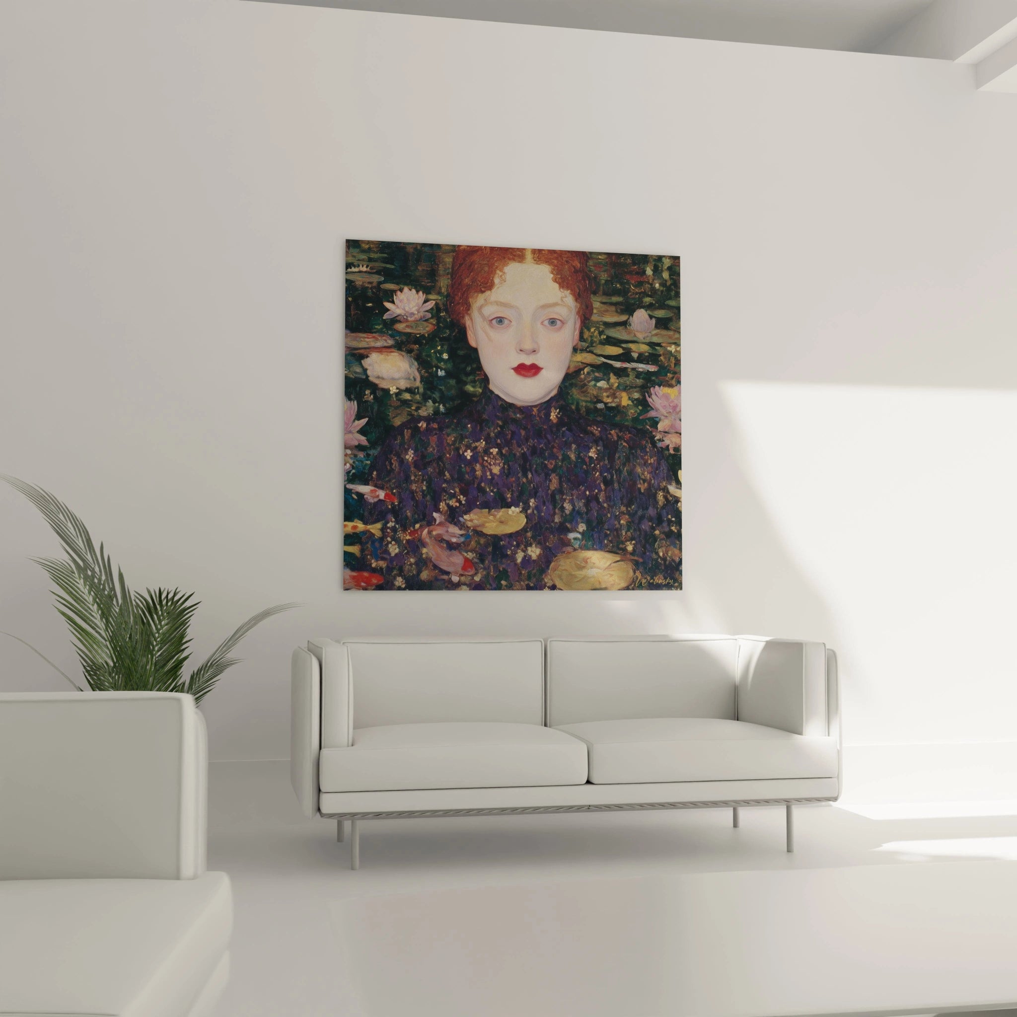 tableau symboliste nénuphars Walensky portrait femme rousse entourée de nénuphars accroché au dessus d un canapé blanc moderne