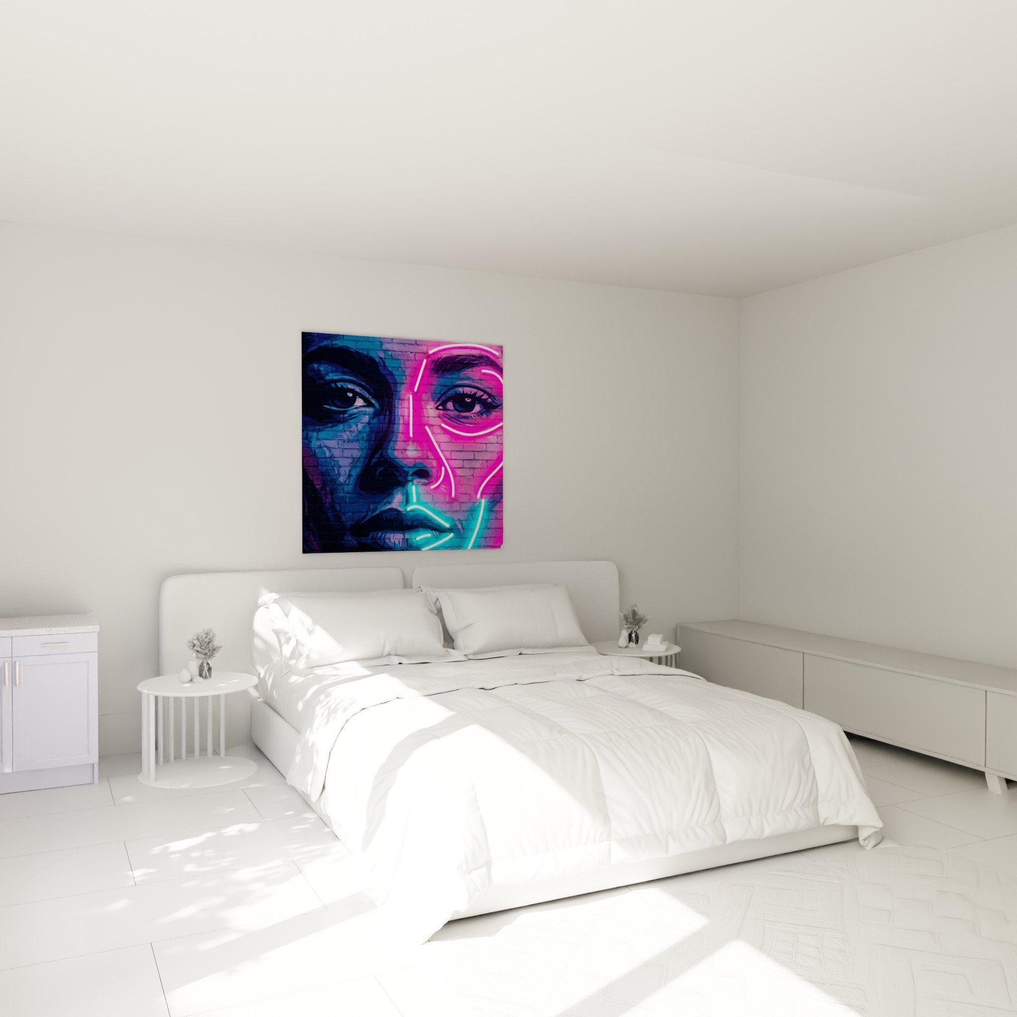 Tableau portrait neon rose bleu decoration chambre moderne street art