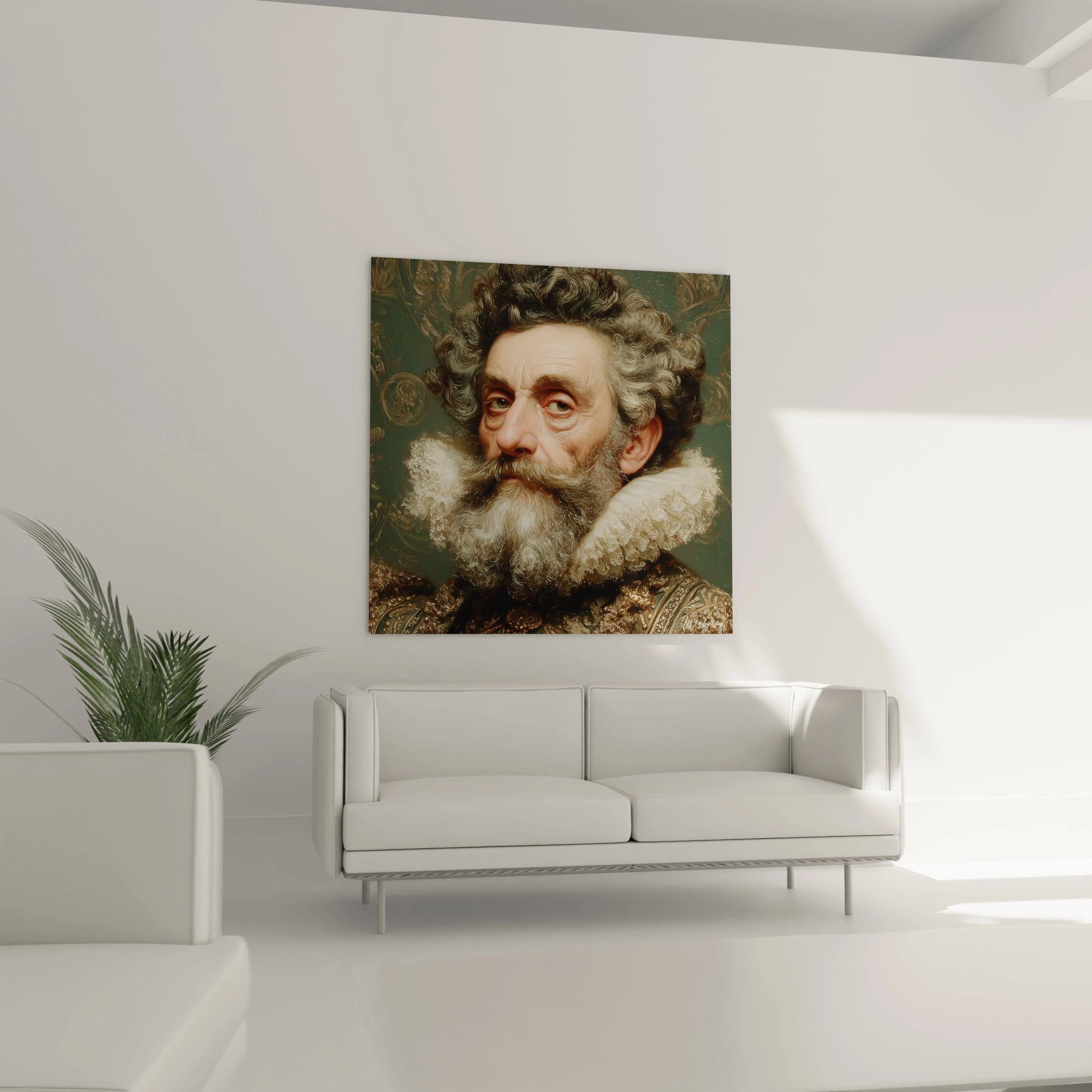 tableau portrait noblesse Walensky affiché dans un salon minimaliste montrant un homme barbu en collerette