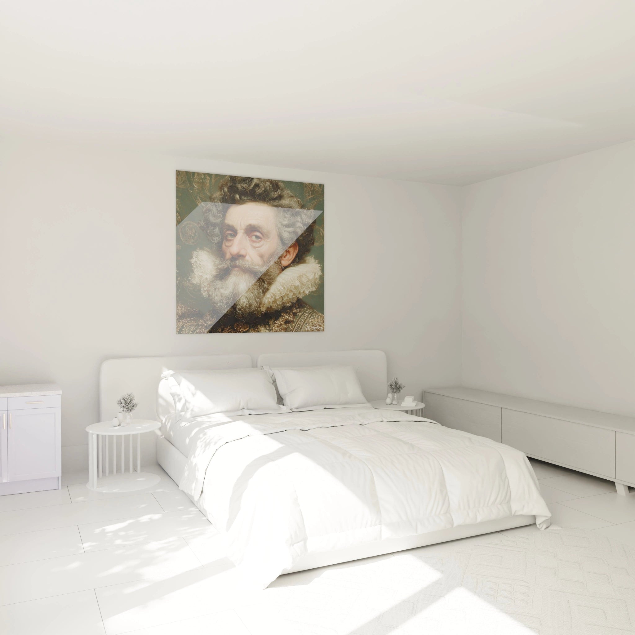 Tableau mural Walensky dans chambre blanche minimaliste avec tableau portrait noblesse accroché au dessus du lit