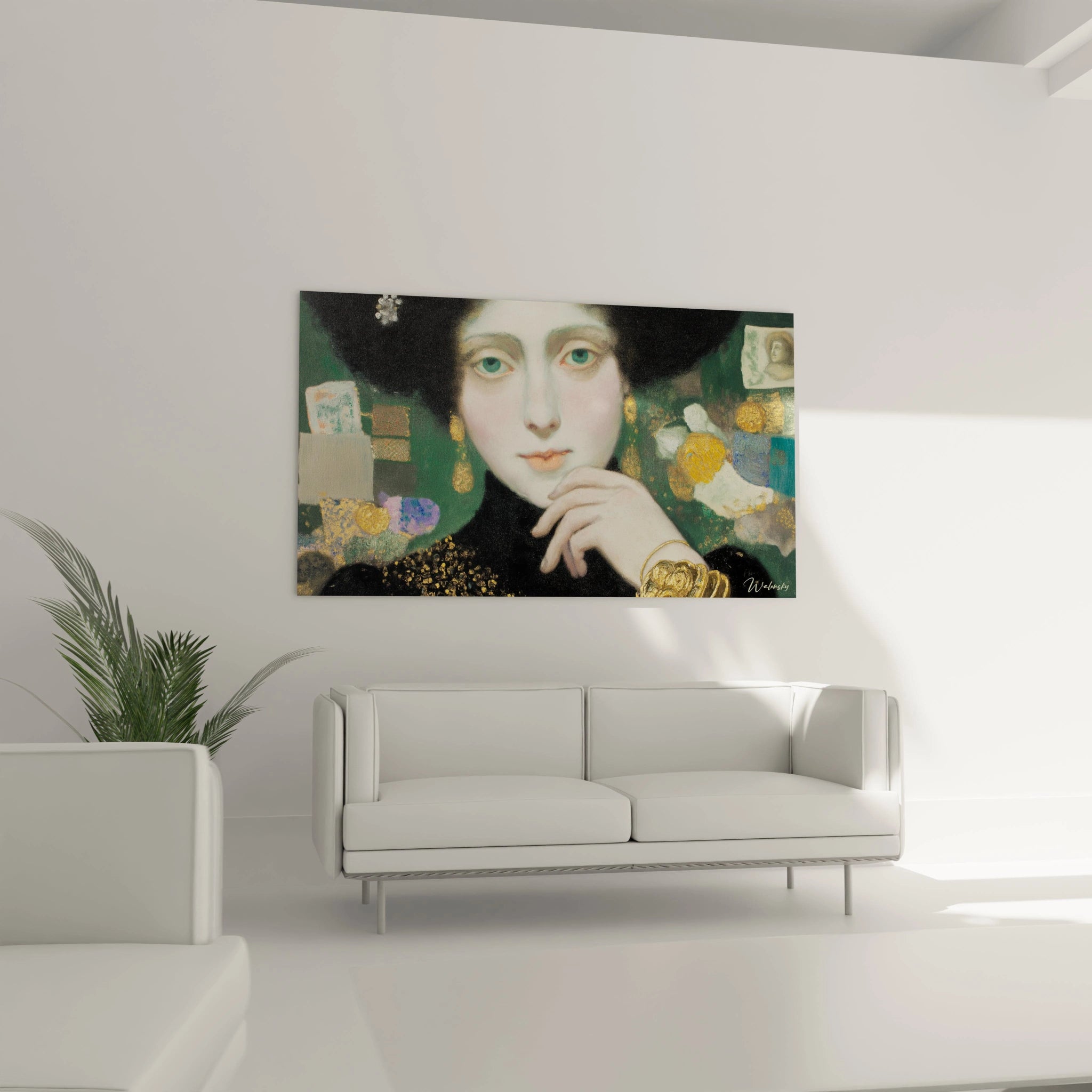 Tableau portrait symboliste Walensky d'une femme aux yeux verts et bijoux, suspendu au mur du salon