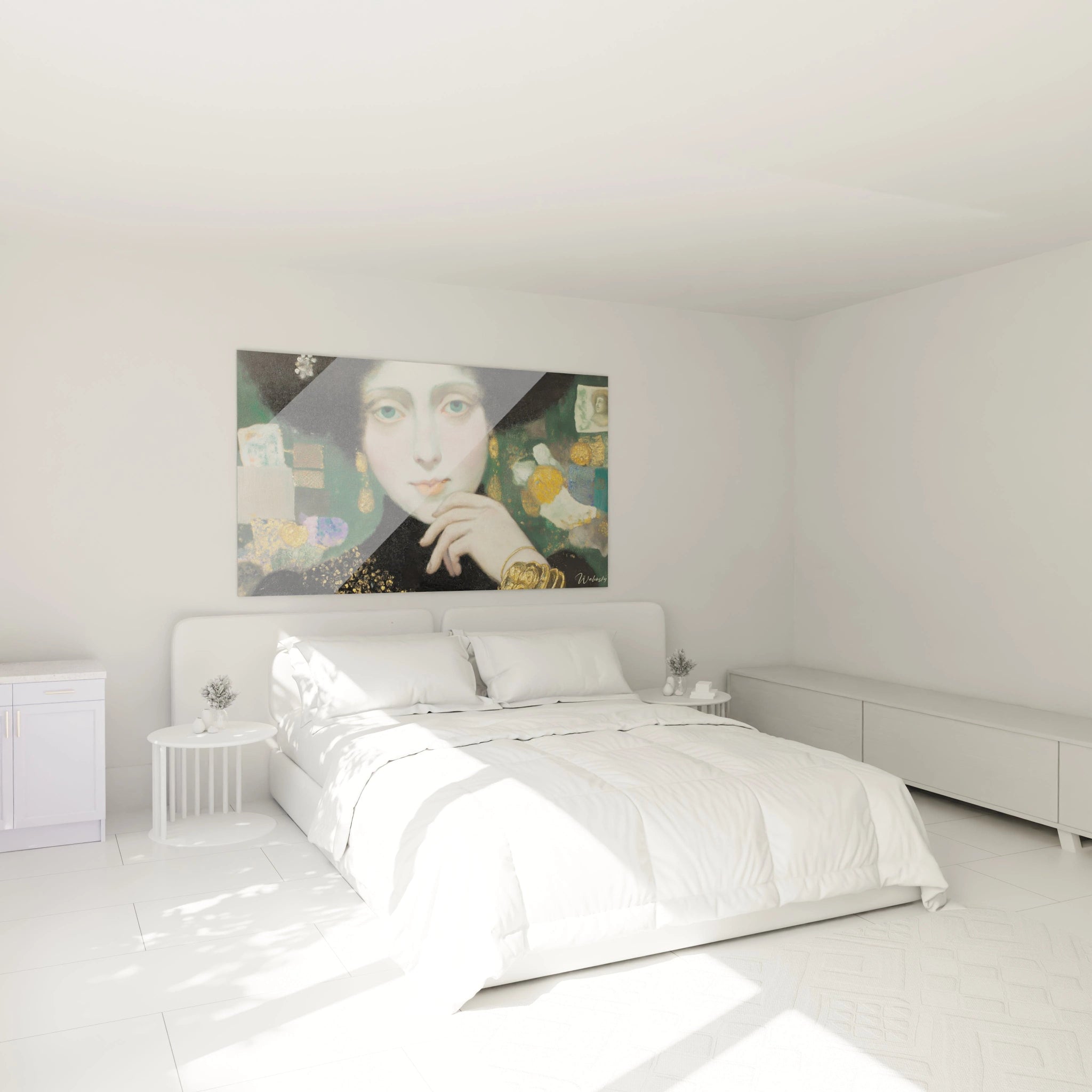 Tableau mural Walensky montrant un tableau portrait symboliste placé au dessus d un grand lit blanc minimaliste