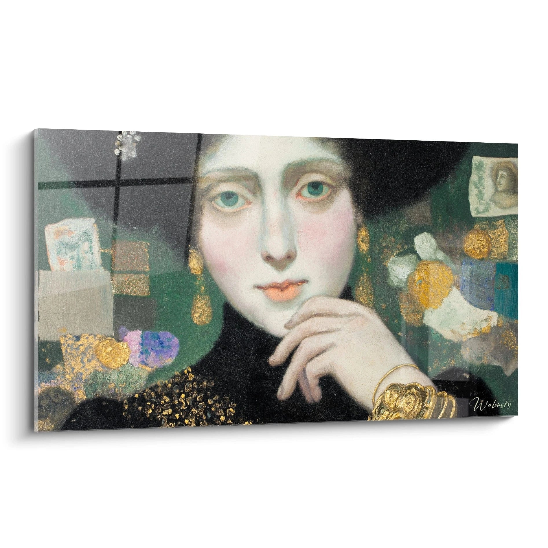 tableau portrait symboliste Walensky d'une femme pâle aux yeux verts, bijoux dorés et fond orné