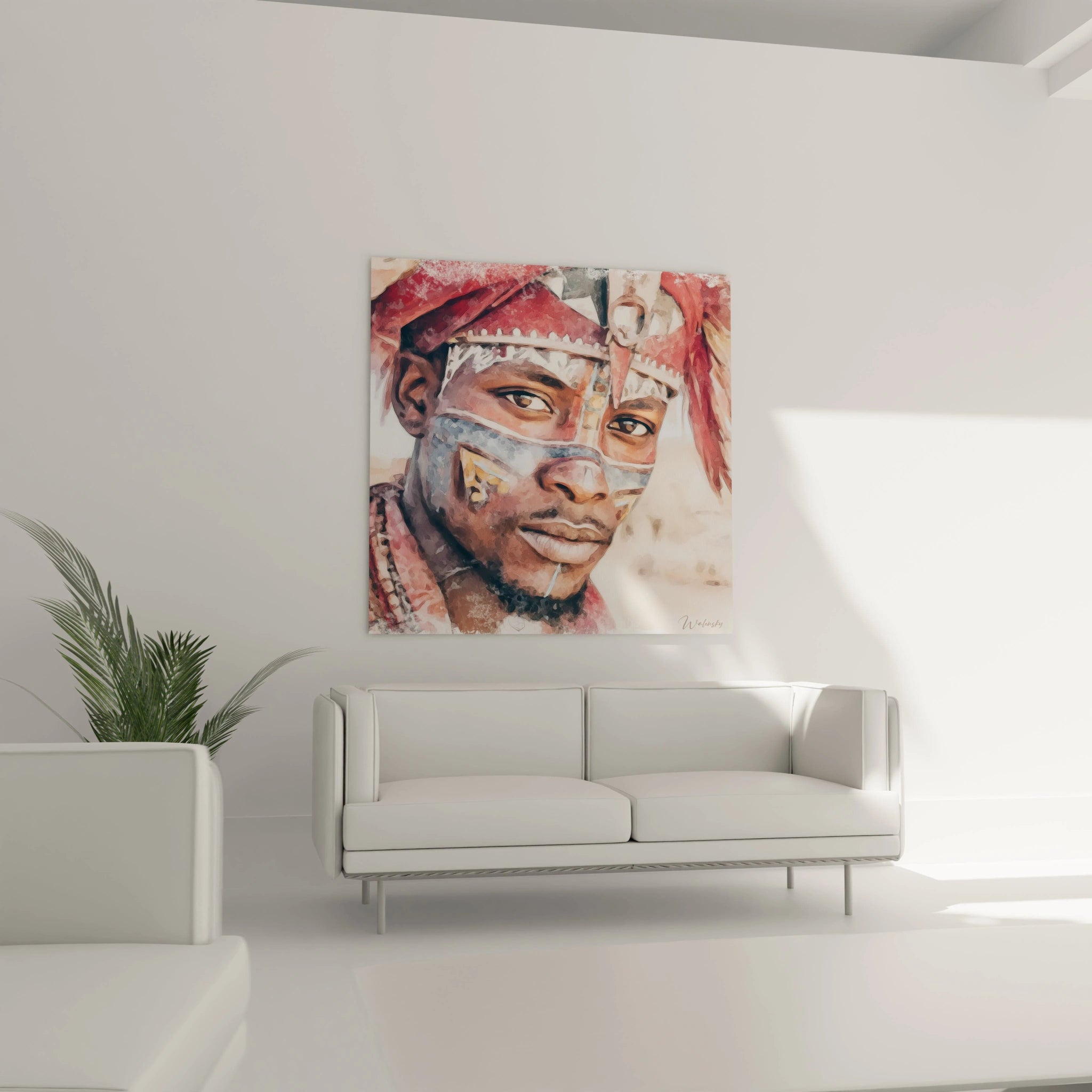Tableau portrait africain illustrant un homme avec des ornements culturels, décorant un mur moderne
