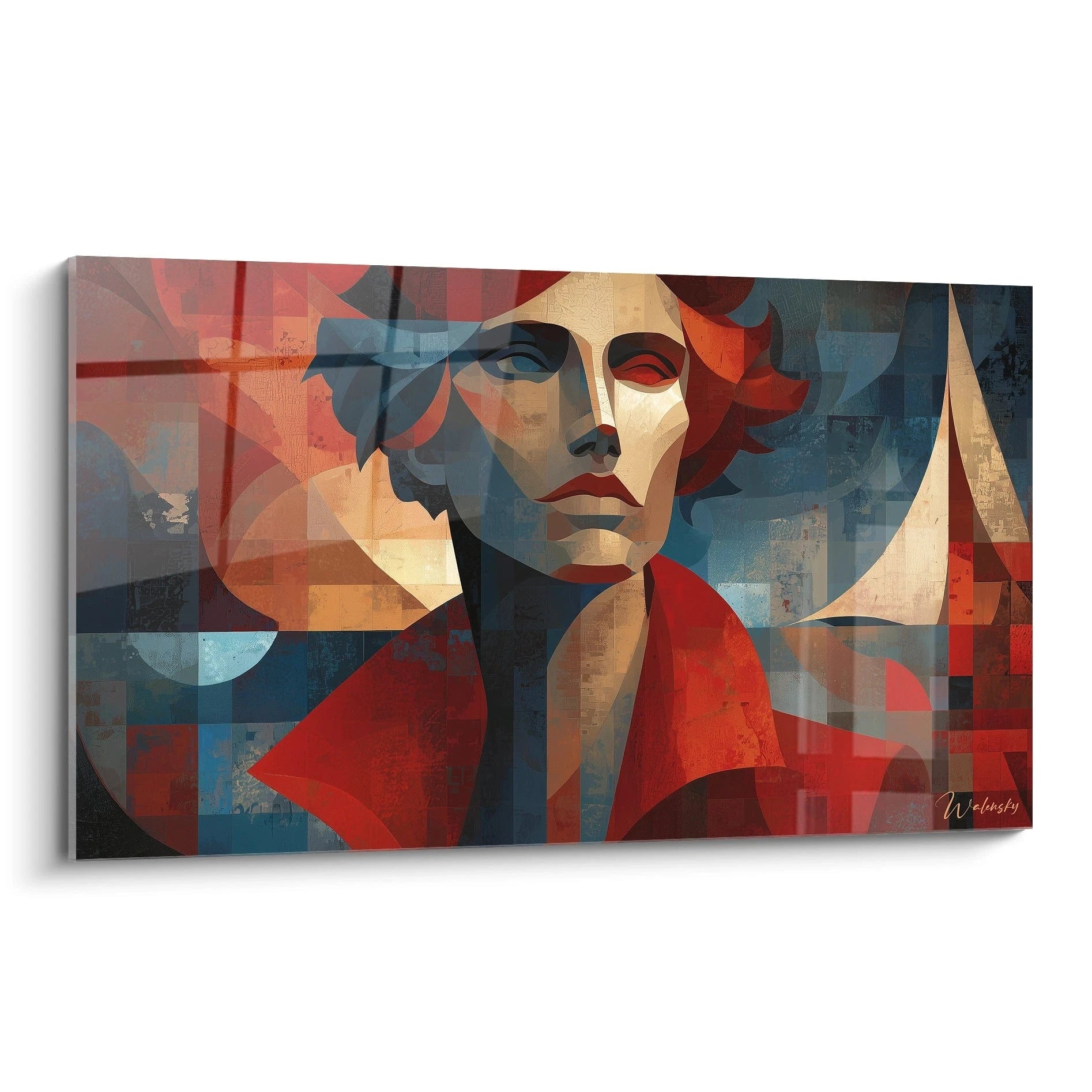 Tableau mural cubiste Walensky portrait stylise d un navigateur historique en tons rouges et bleus