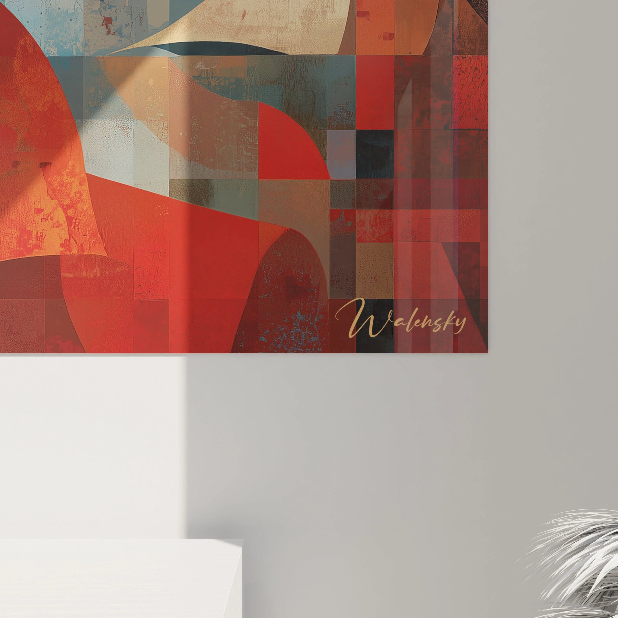 Tableau mural abstrait signé Walensky montrant un tableau portrait cubique Christophe Colomb en tons rouges et bleus