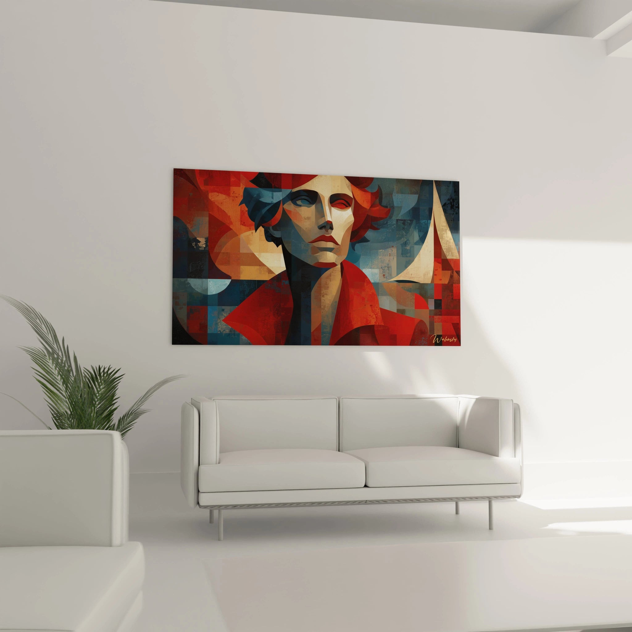 tableau portrait cubique Christophe Colomb Walensky accroché au mur au dessus d un canapé blanc style cubiste rouge et bleu