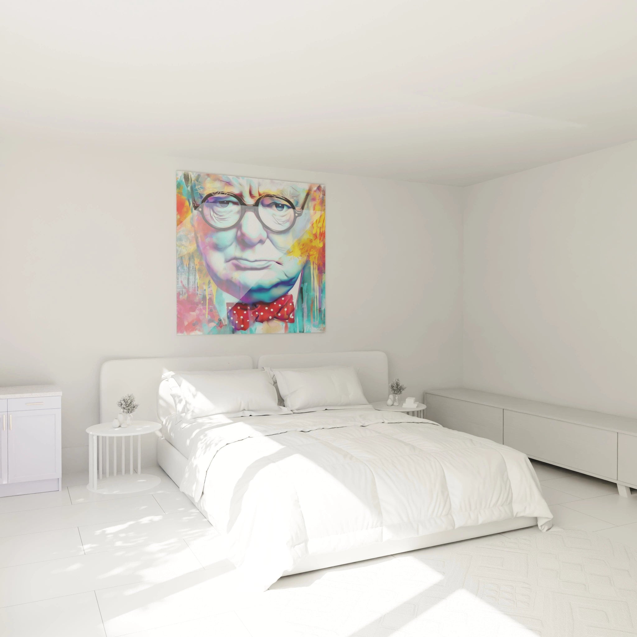 Tableau mural Walensky tableau portrait Winston Churchill coloré style pop art accroché au dessus d'un lit blanc minimaliste