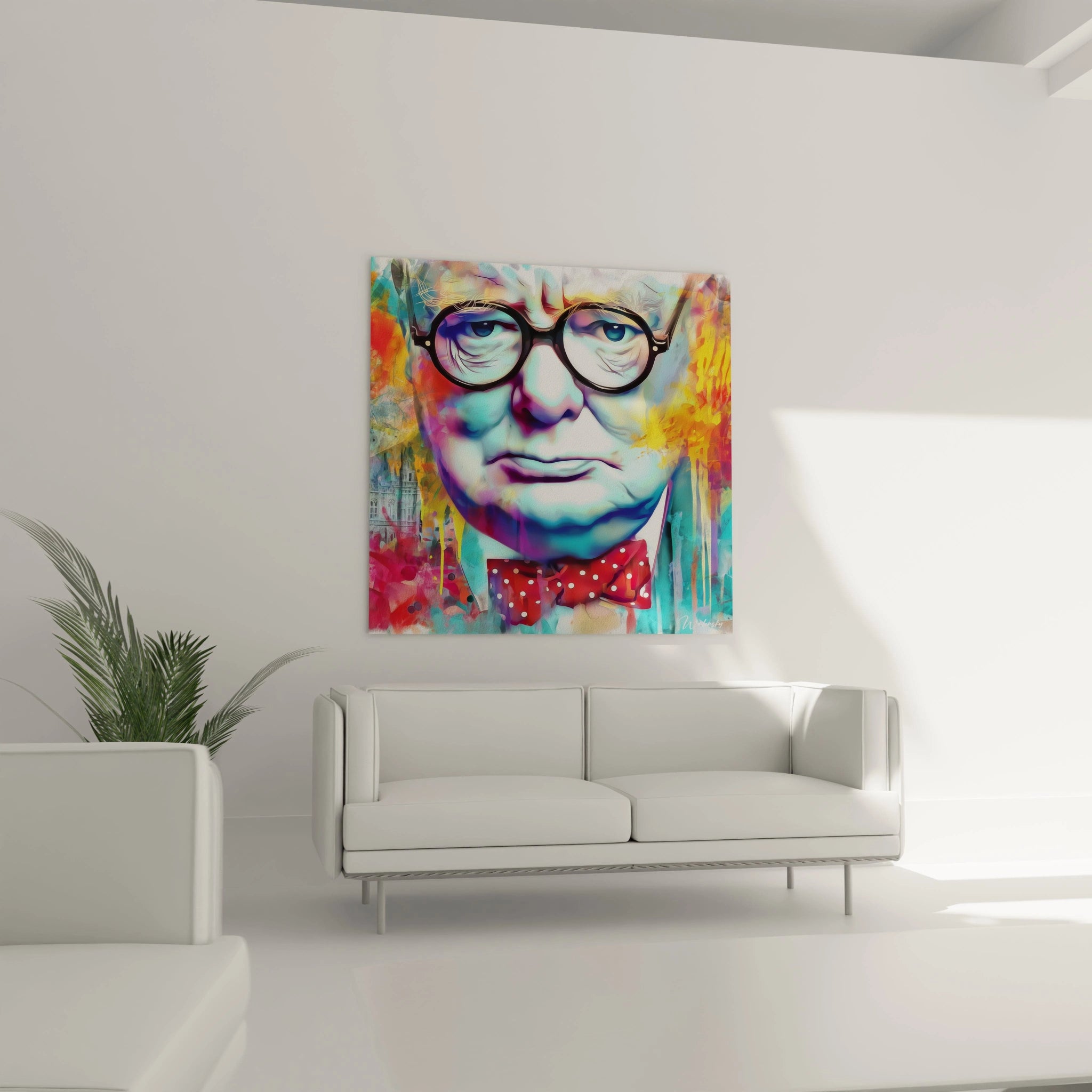 Tableau mural Walensky tableau portrait Winston Churchill toile pop art carrée multicolore accrochée au dessus du canapé