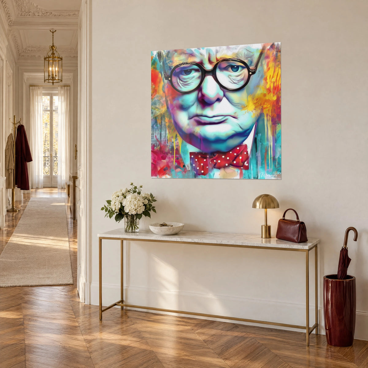 Cuadro retrato de hombre con gafas redondas negras, goteos amarillos y rosa intenso, visto en tres cuartos sobre una consola dorada