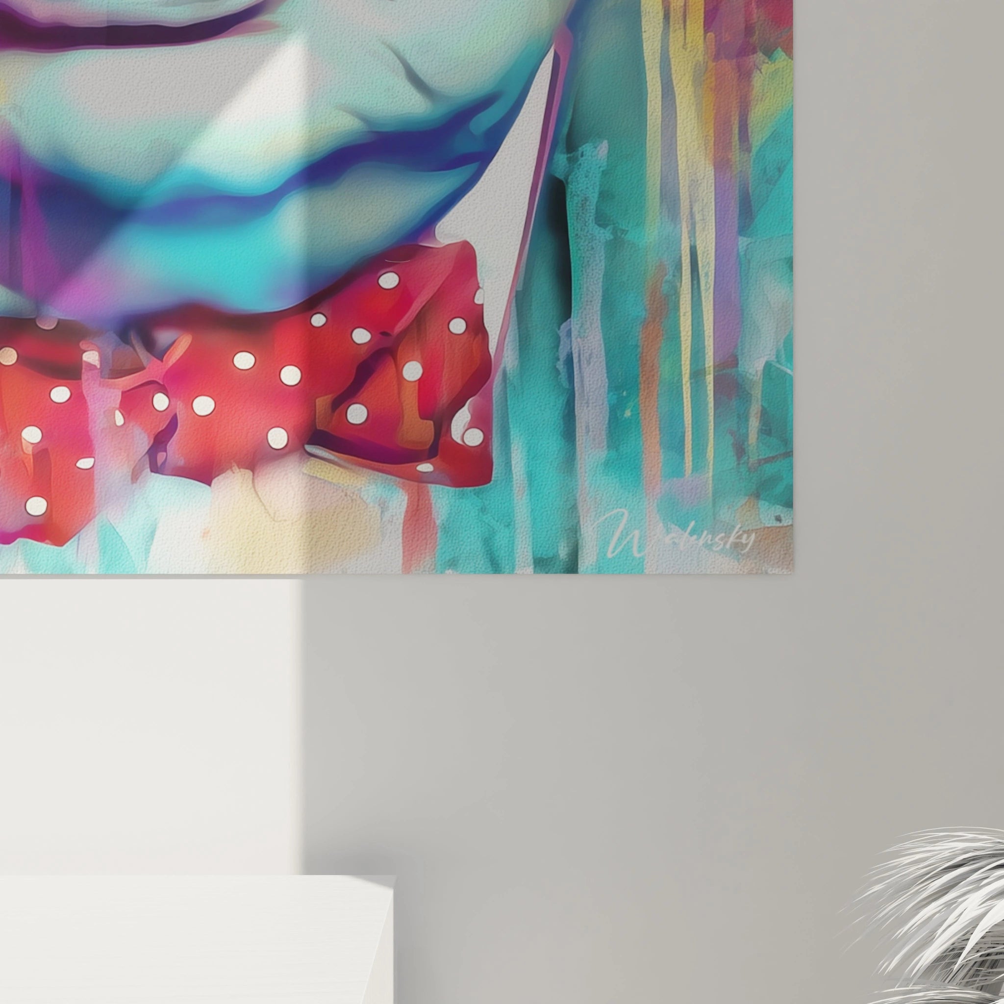 Tableau mural colore montrant un visage stylise avec noeud papillon rouge par Walensky tableau portrait Winston Churchill