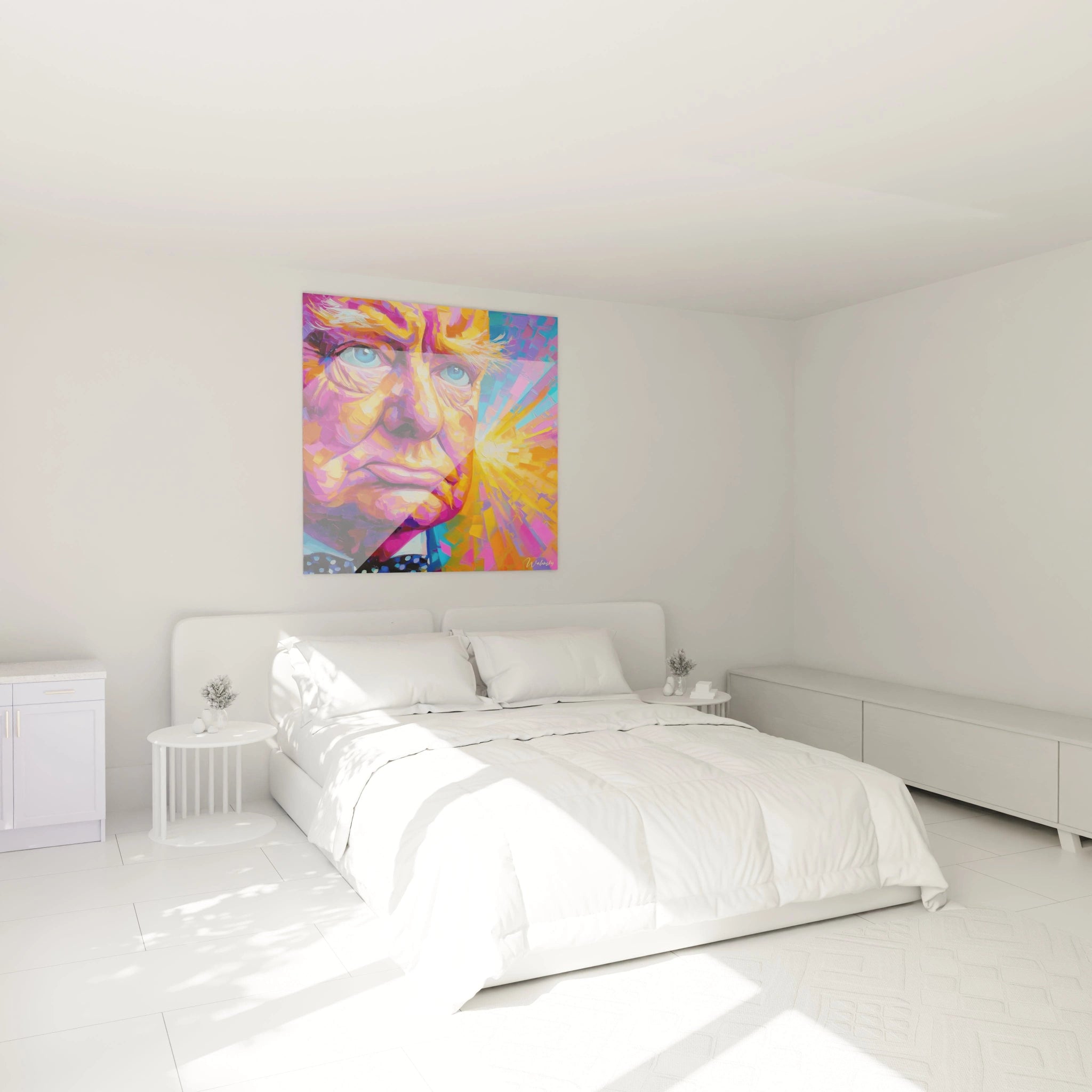 Walensky tableau mural tableau portrait Winston Churchill coloré style pop art accroché au dessus d un lit blanc minimaliste