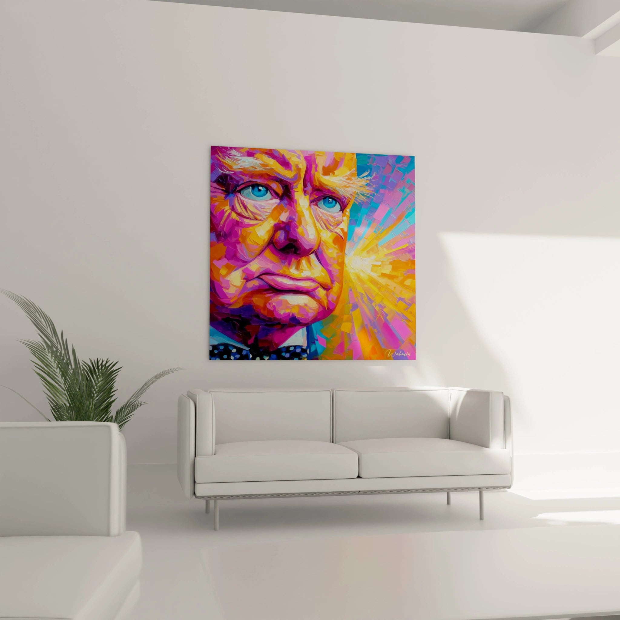tableau portrait Winston Churchill Walensky peinture murale pop art colorée accrochée au dessus d un canapé blanc moderne