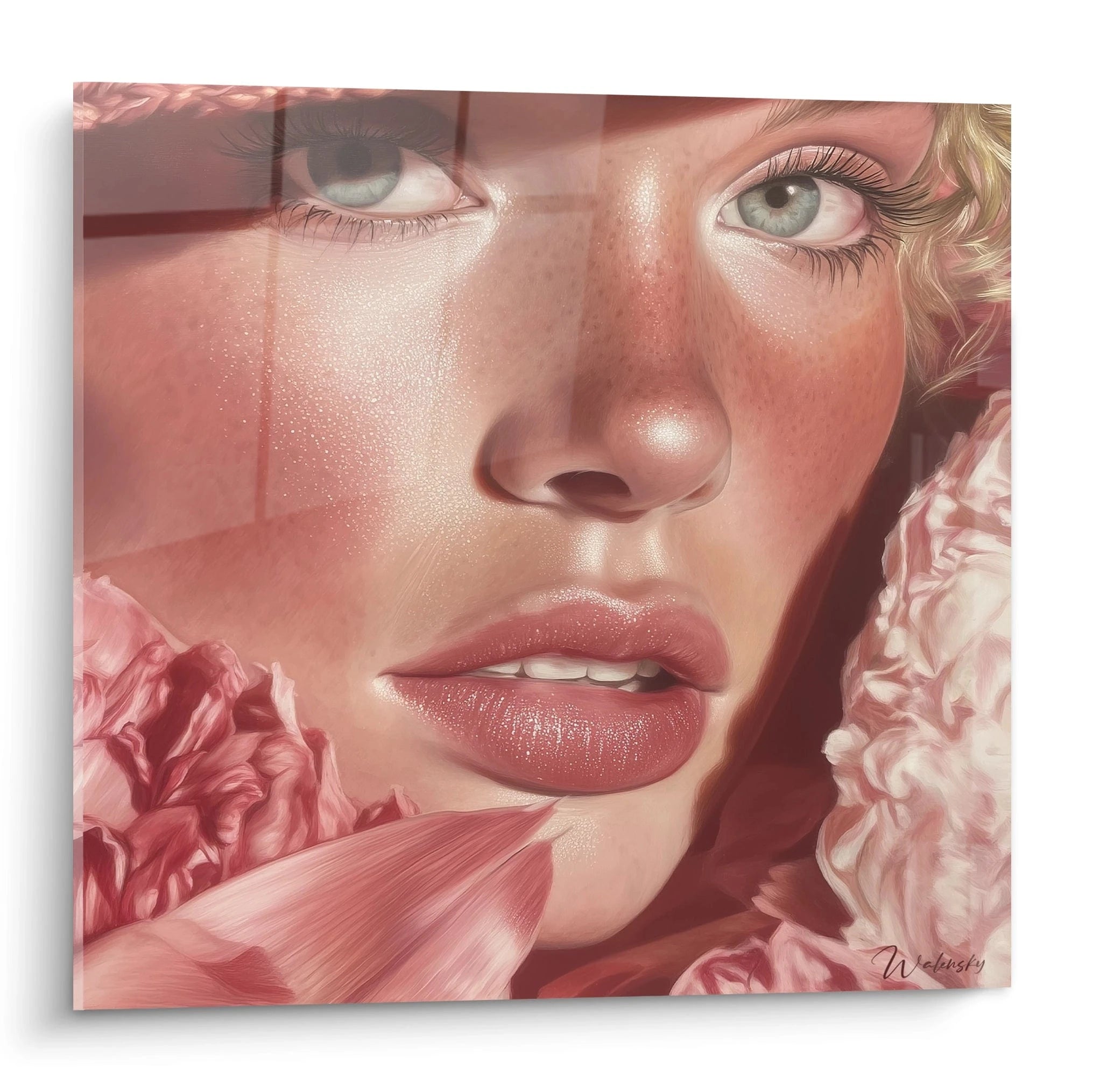 Tableau portrait rose de Walensky représentant un visage féminin avec des fleurs roses en arrière-plan