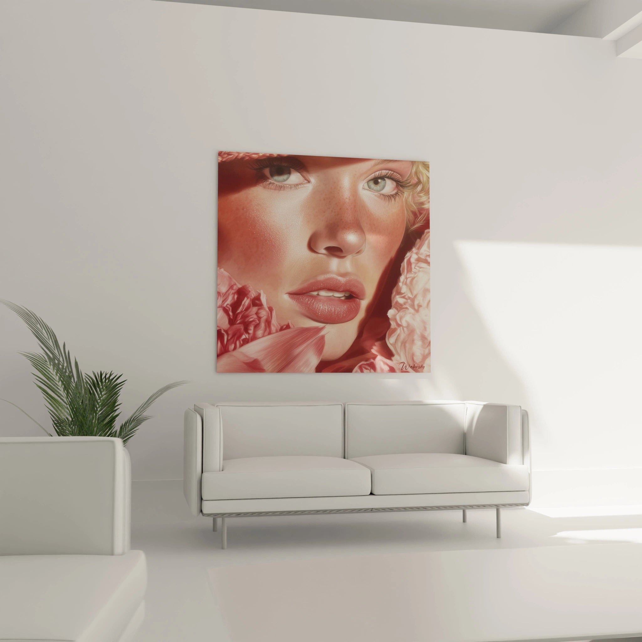 Tableau portrait rose de Walensky représentant une femme avec des fleurs dans un intérieur moderne