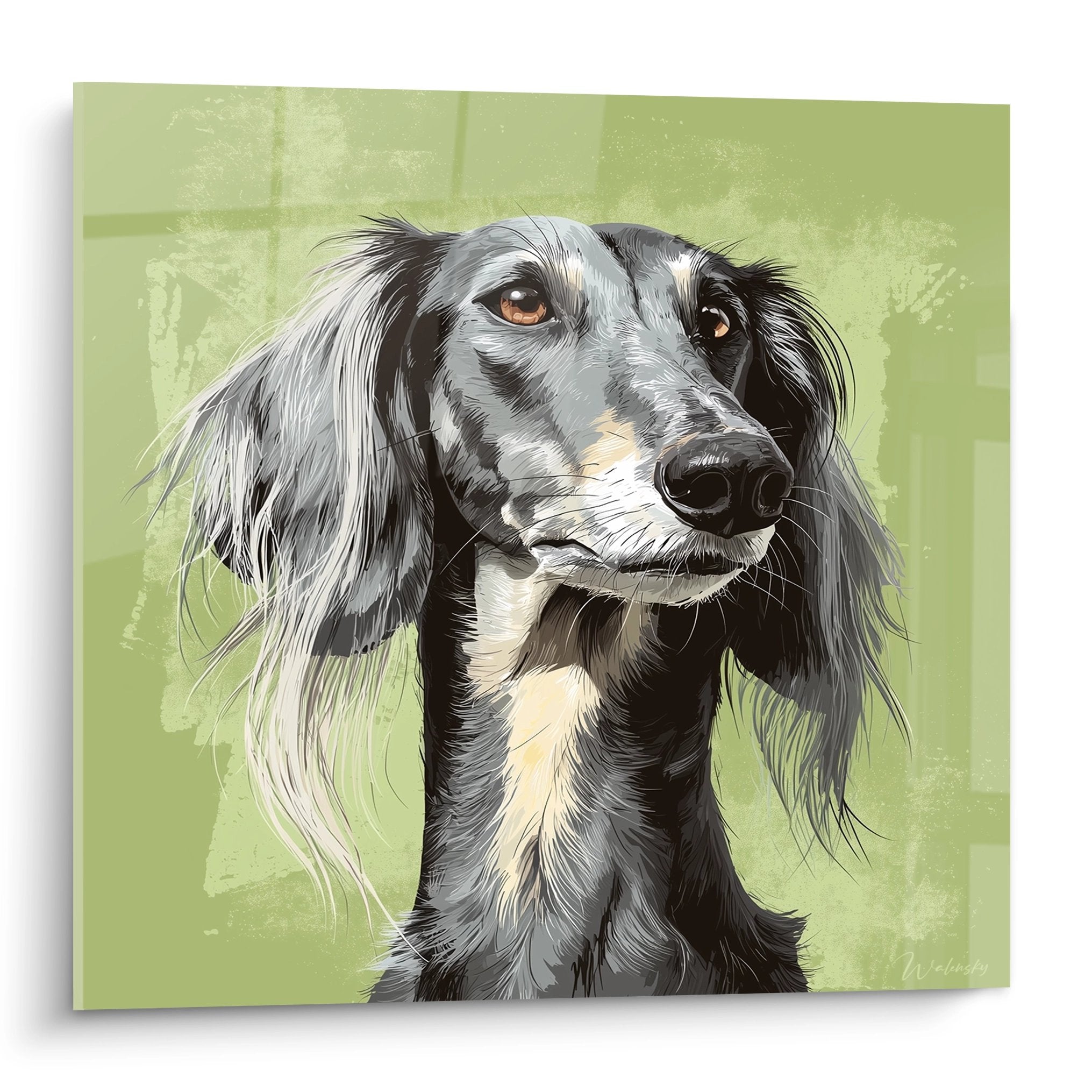 Portrait artistique d'un levrier Saluki gris aux yeux ambres sur fond vert tendre, style realiste et elegant