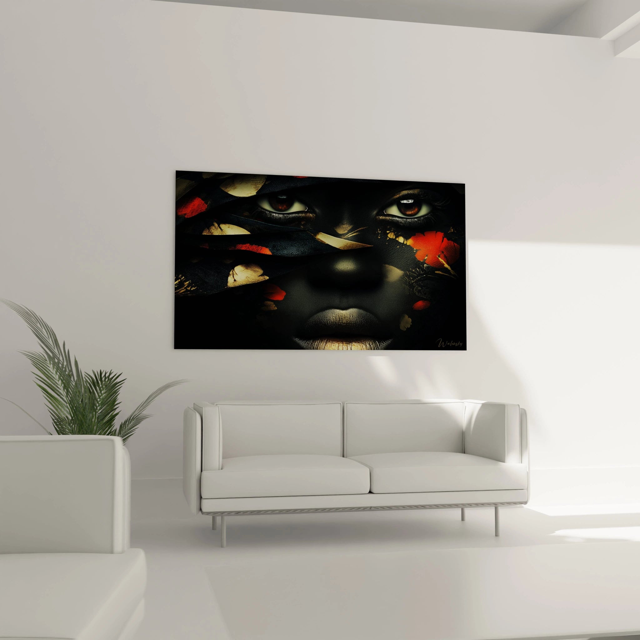 Tableau portrait africain doré de Walensky accroché sur un mur moderne avec canapé blanc