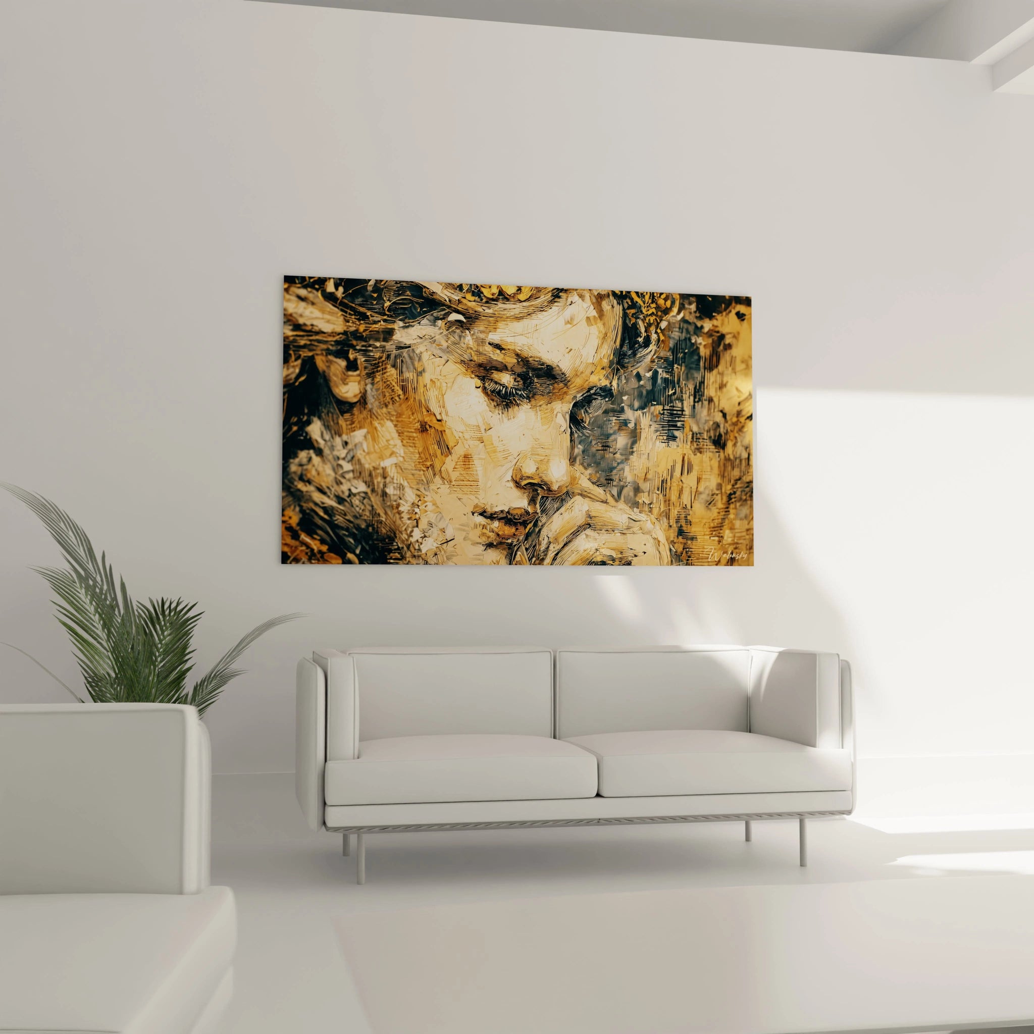 Walensky tableau portrait sfumato sur toile abstraite visage féminin en tons ocres suspendu salon