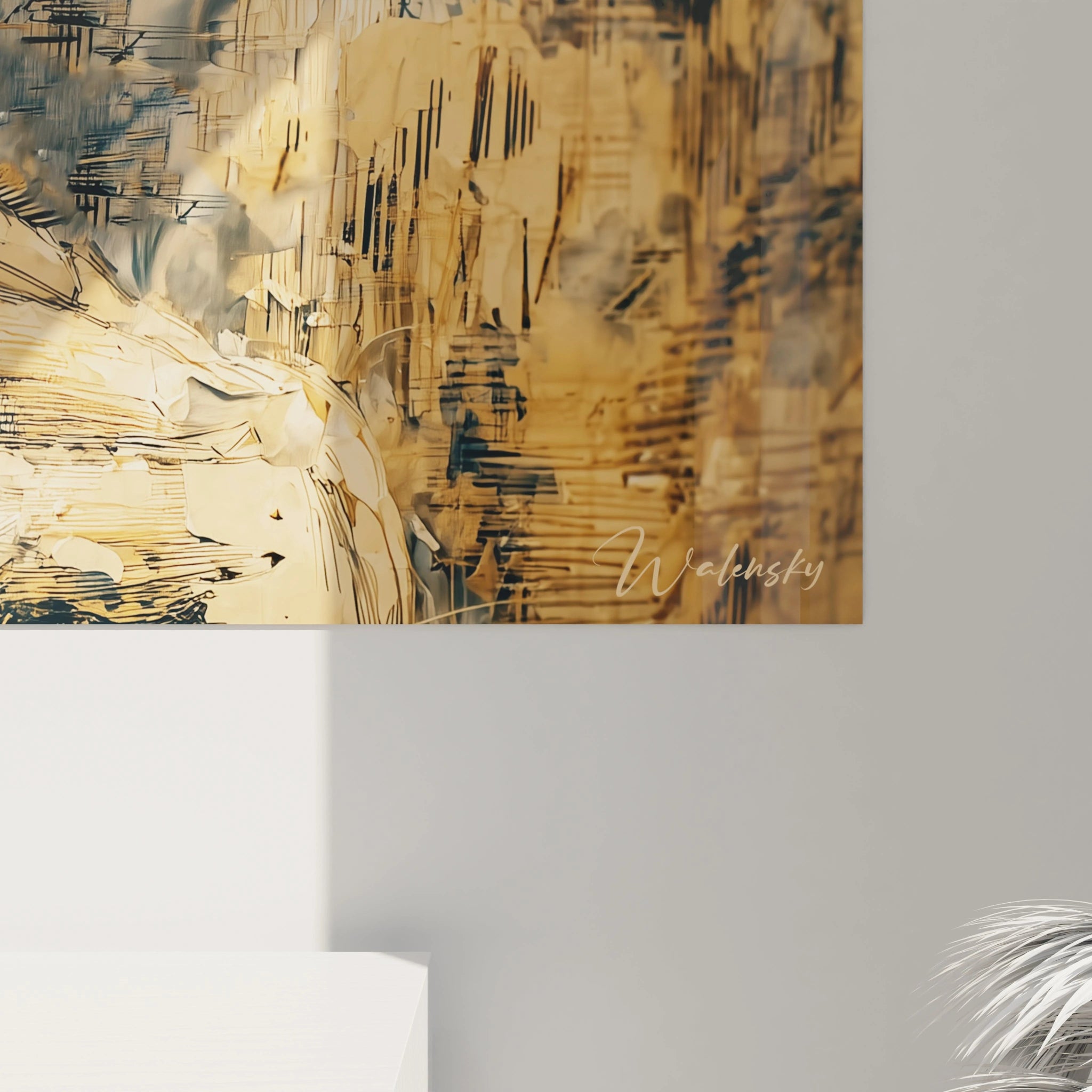 Tableau mural Walensky abstrait en tons dorés signé et moderne pour salon tableau portrait sfumato