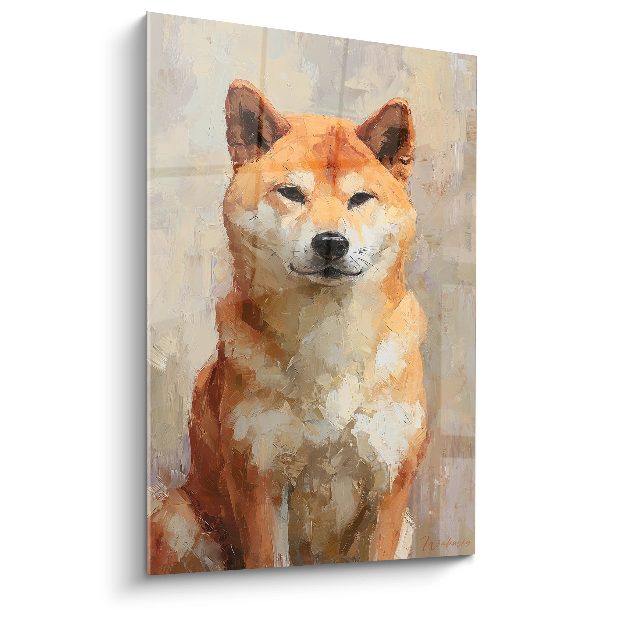 Portrait artistique d'un Shiba Inu fauve aux tons ocre et beige sur fond neutre, style peinture contemporaine expressive