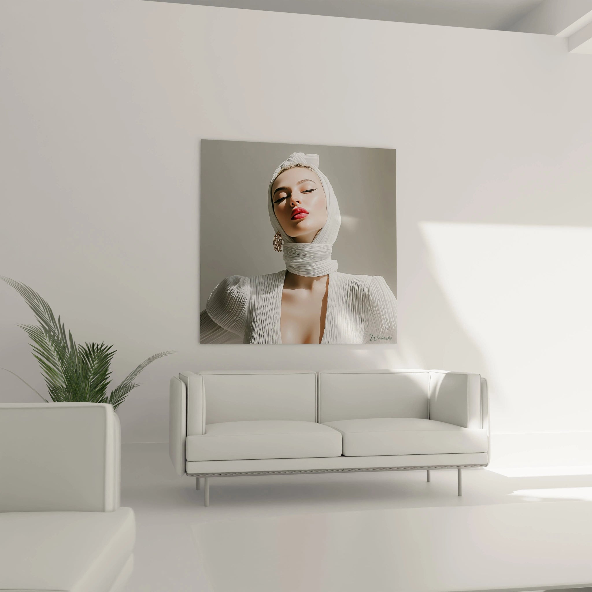 Tableau portrait femme sophistiqué de Walensky sur un mur blanc au-dessus d'un canapé moderne