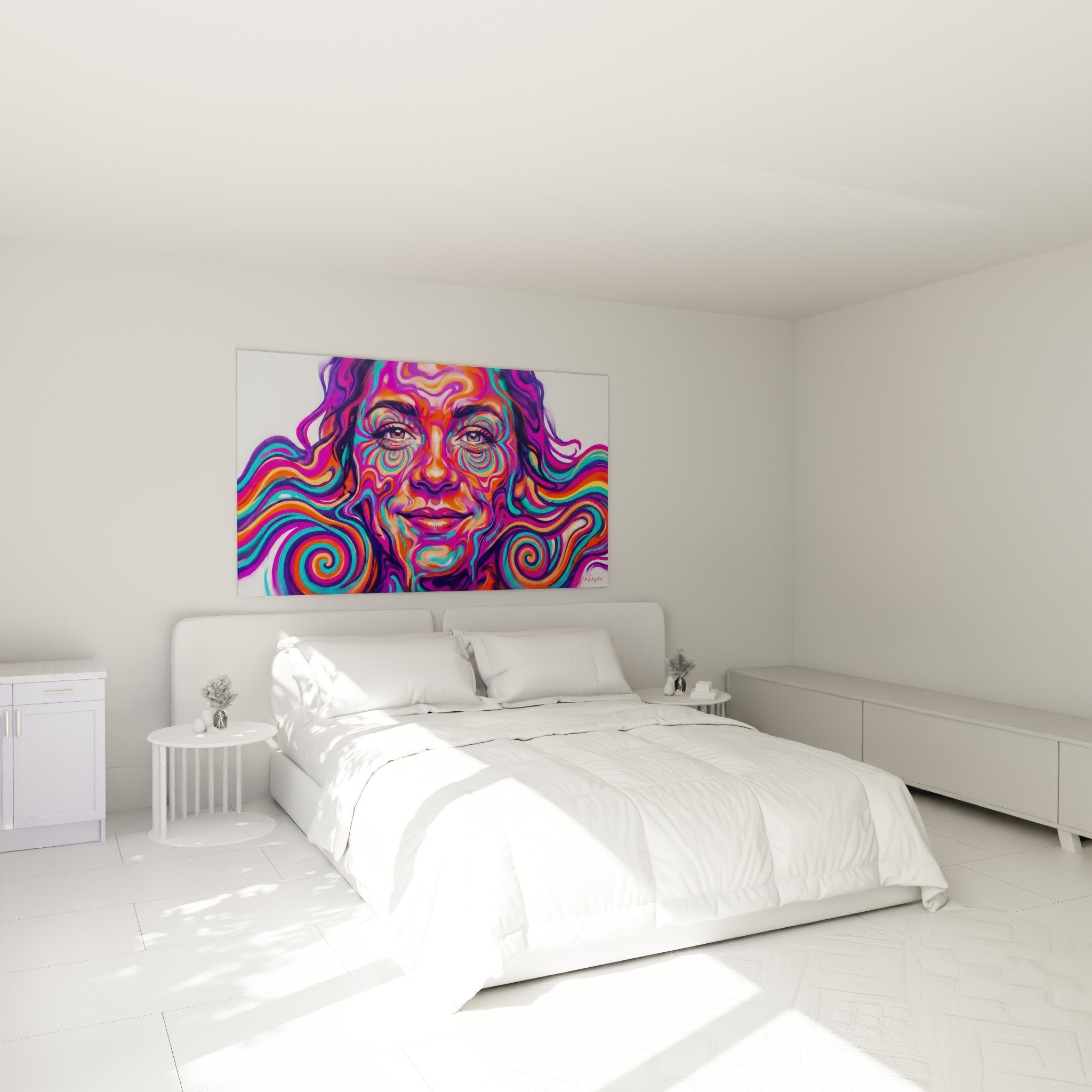 Psychedelisches buntes Street-Art-Porträt-Gemälde in modernem Schlafzimmer an weißer Wand