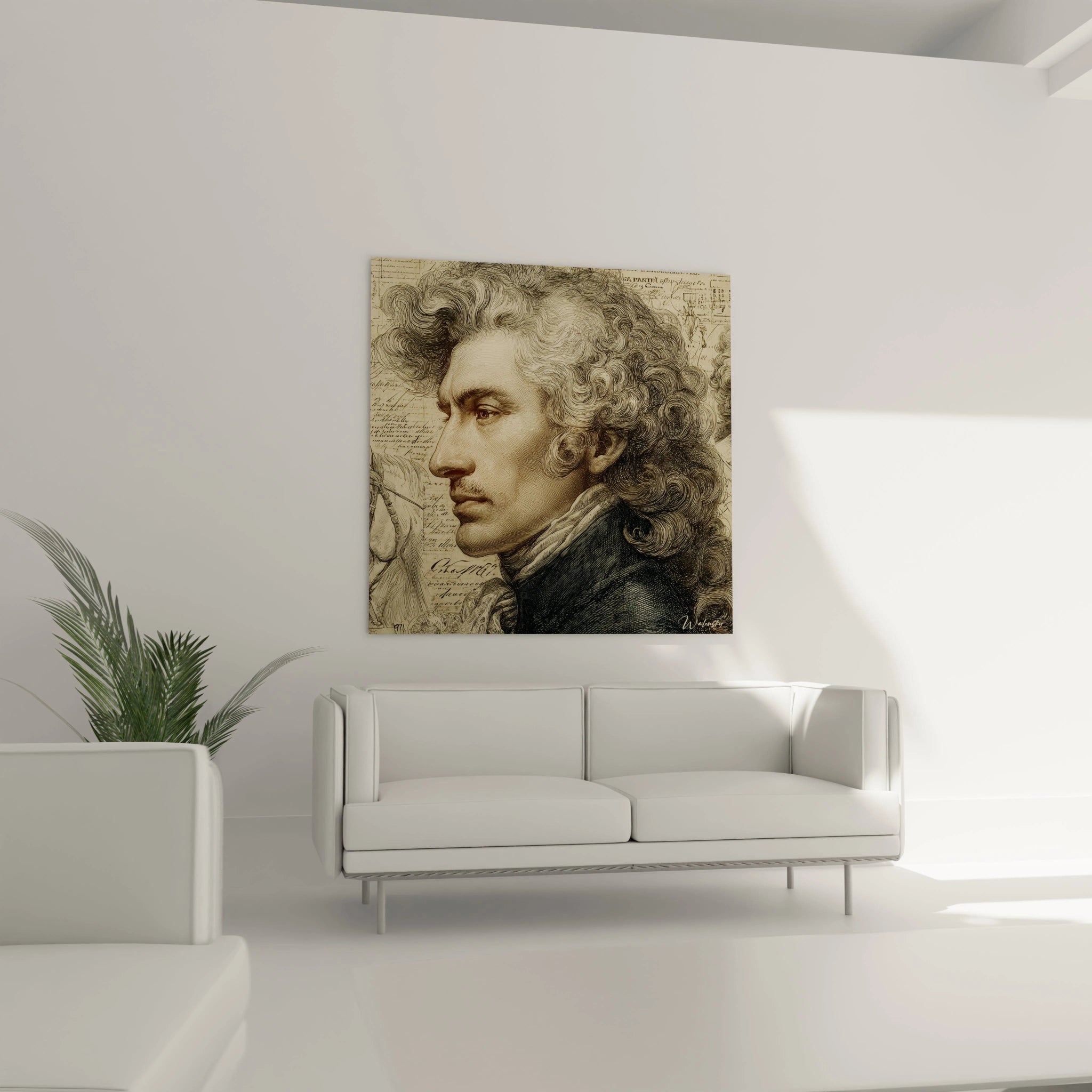 tableau portrait gravé haut de gamme de style classique par Walensky accroché au mur au dessus d un canapé blanc minimaliste