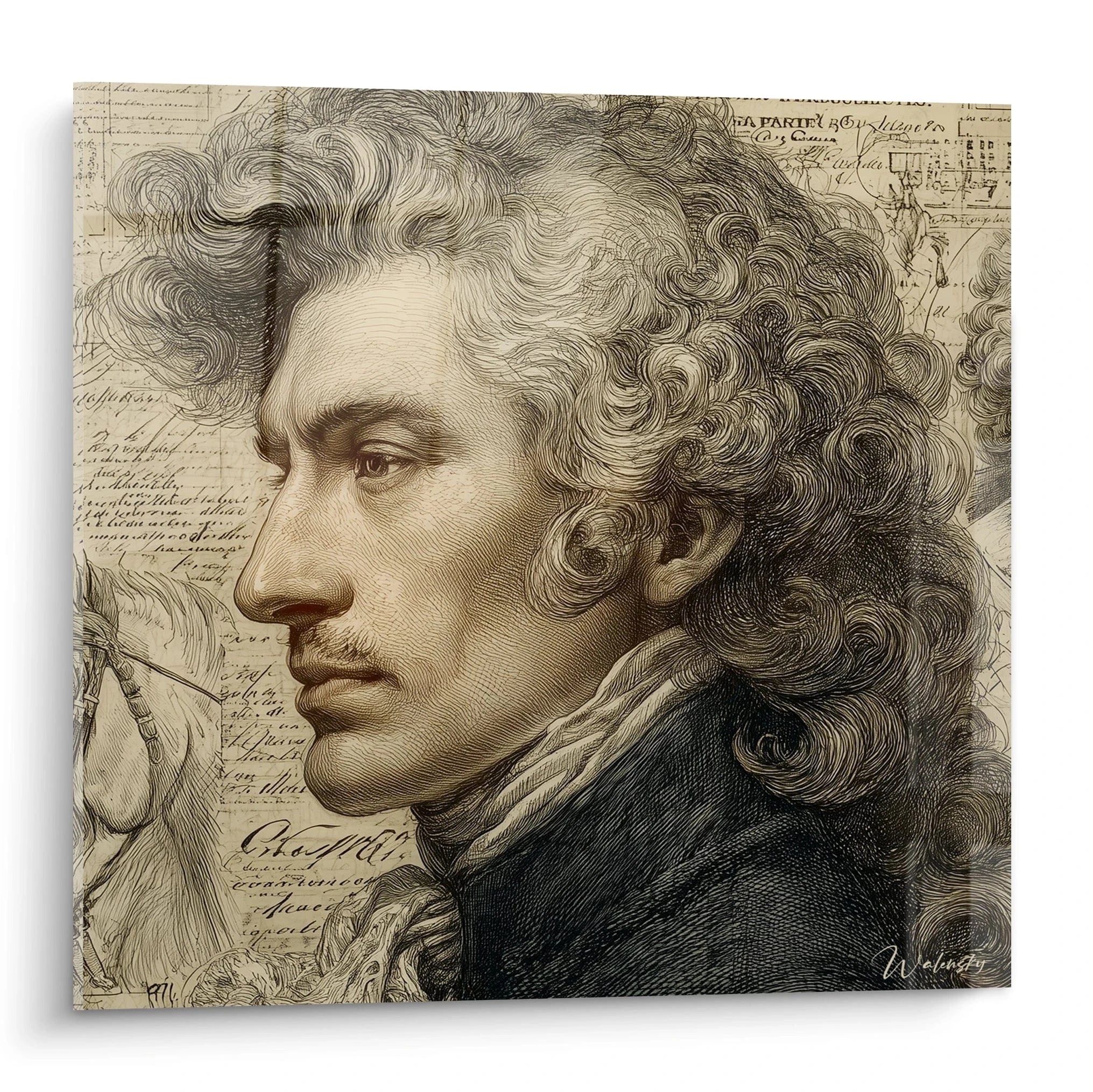 Tableau mural Walensky portrait gravé d homme en profil sur fond manuscrit tableau portrait gravé haut de gamme