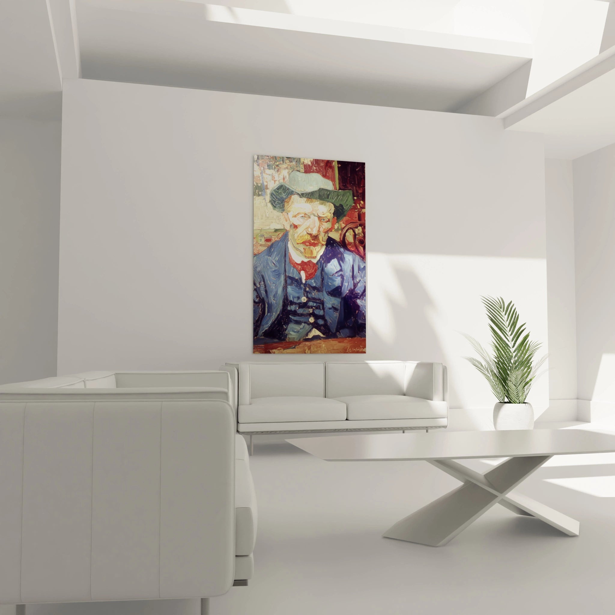 Tableau mural Walensky tableau portrait post impressionnisme accroche au dessus d un canape blanc dans un salon minimaliste