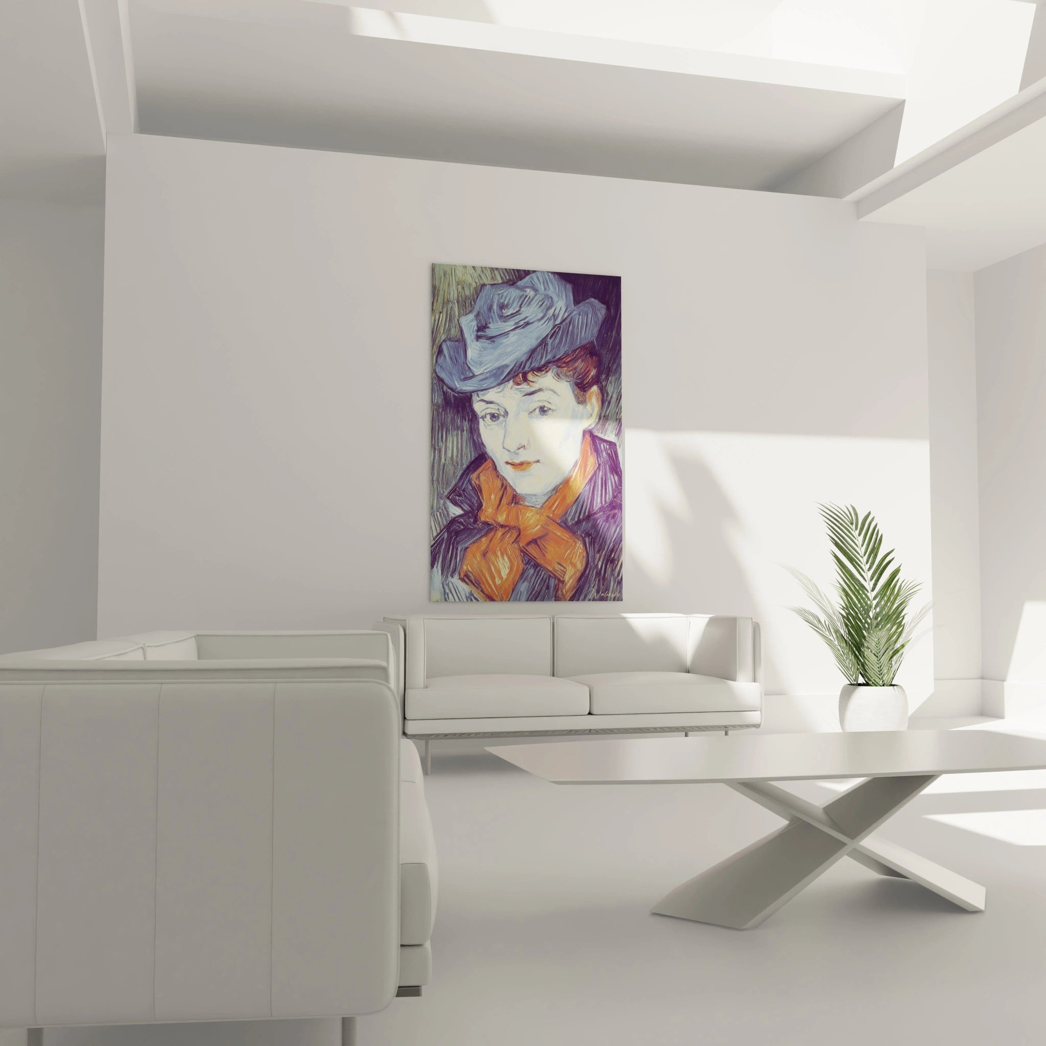 Tableau mural Walensky montrant un tableau portrait post impressionnisme d une femme au chapeau dans un salon blanc