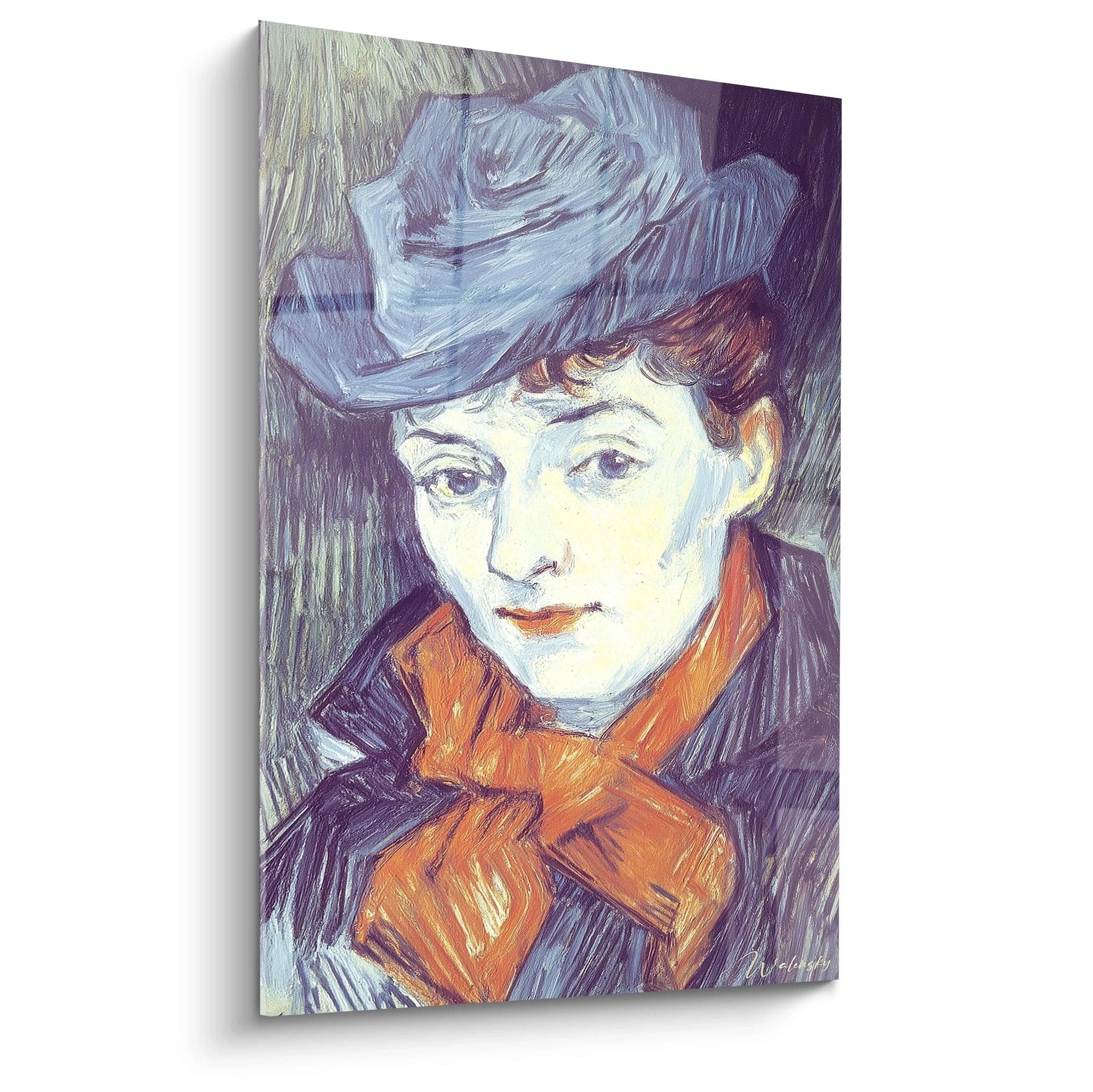 Walensky tableau portrait post impressionnisme femme au chapeau bleu et foulard orange sur toile