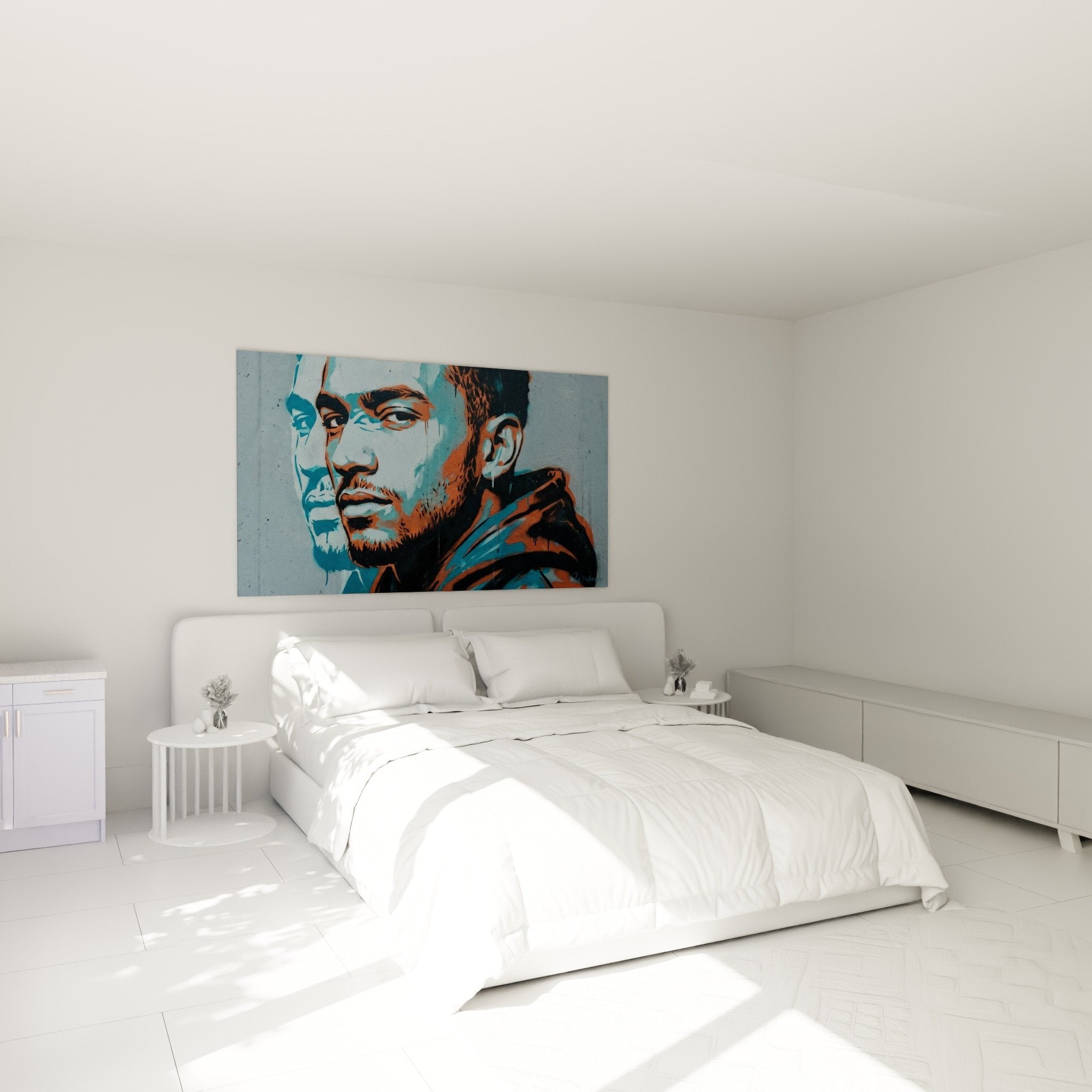 Tableau portrait urbain bleu orange dans chambre contemporaine mur blanc decoration moderne