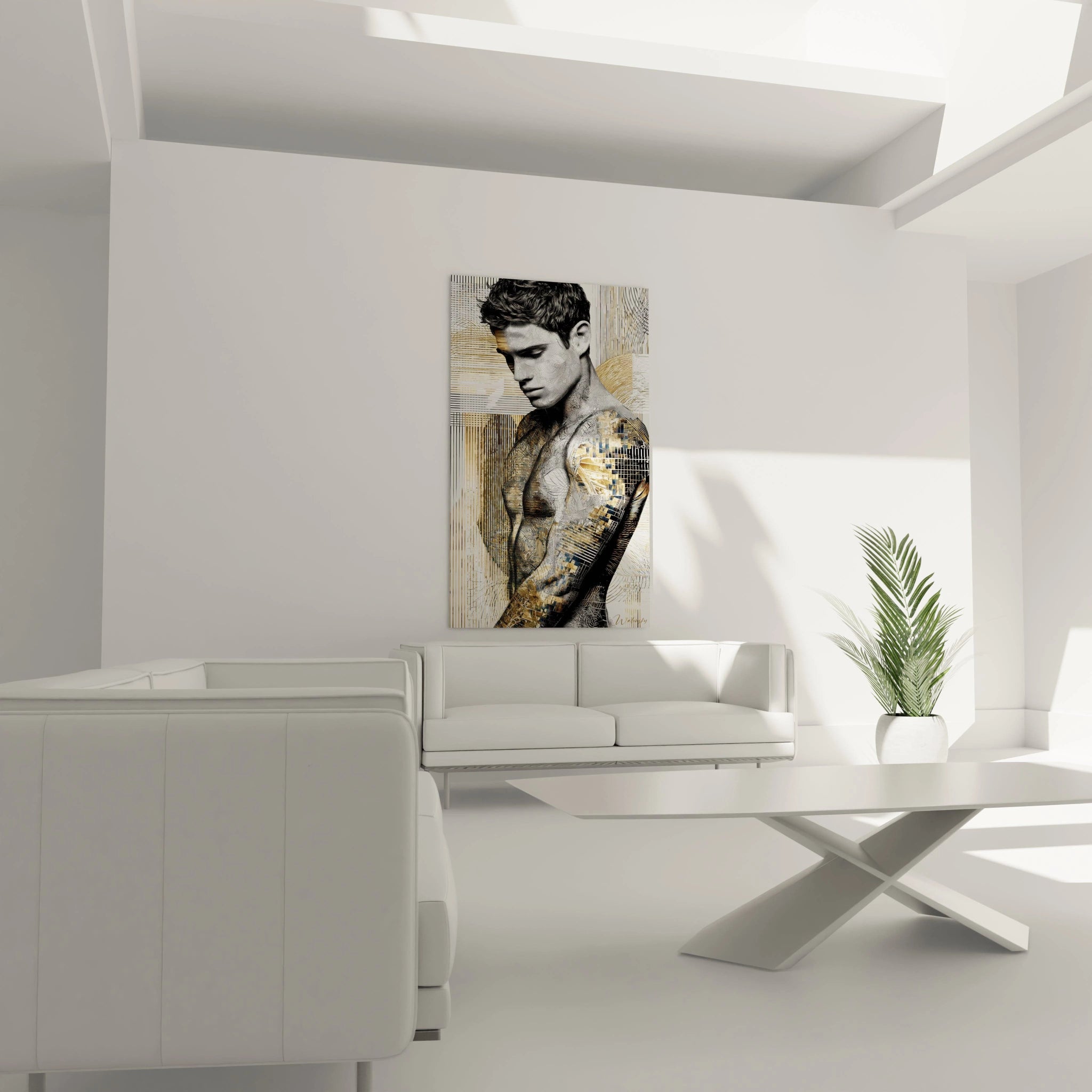 Tableau portrait urbain homme de Walensky affiché dans un salon moderne avec des couleurs douces