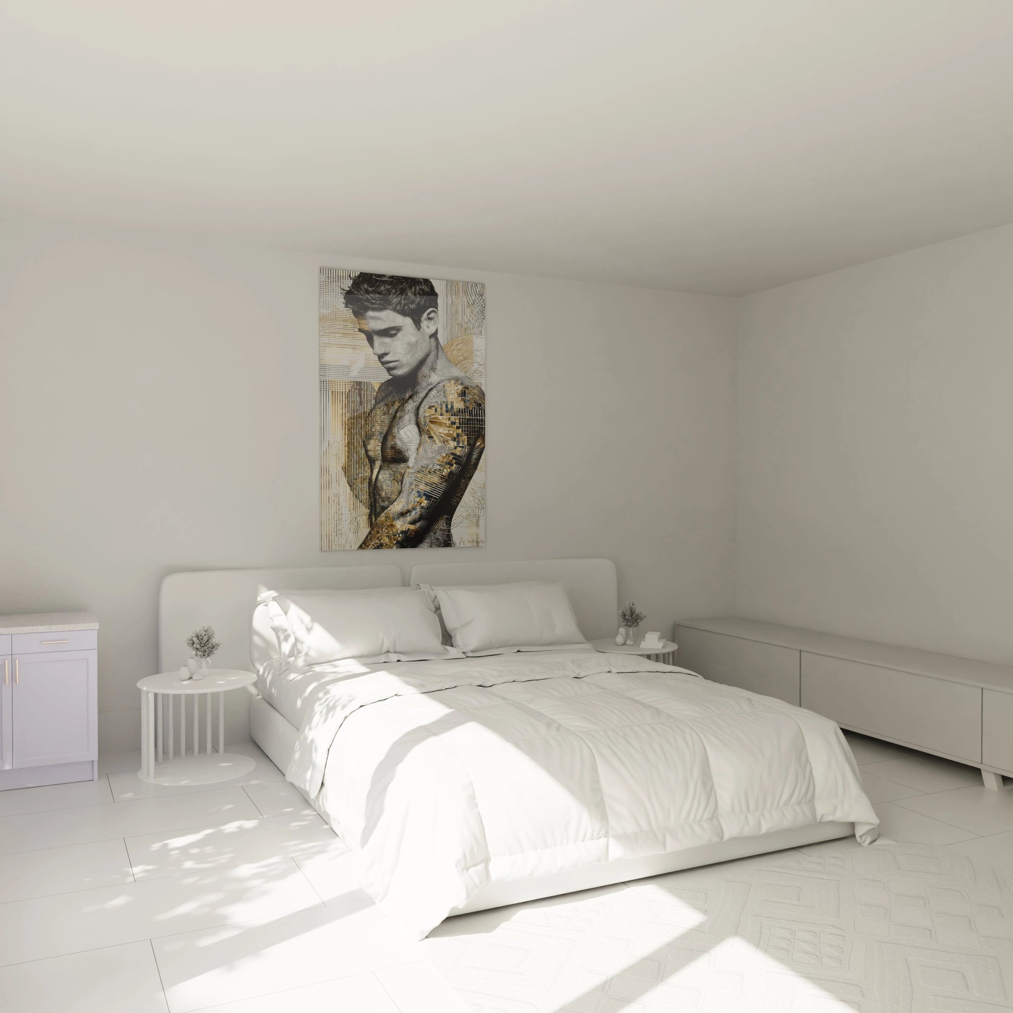 Tableau portrait urbain homme de Walensky accroché au mur d'une chambre lumineuse avec un lit blanc