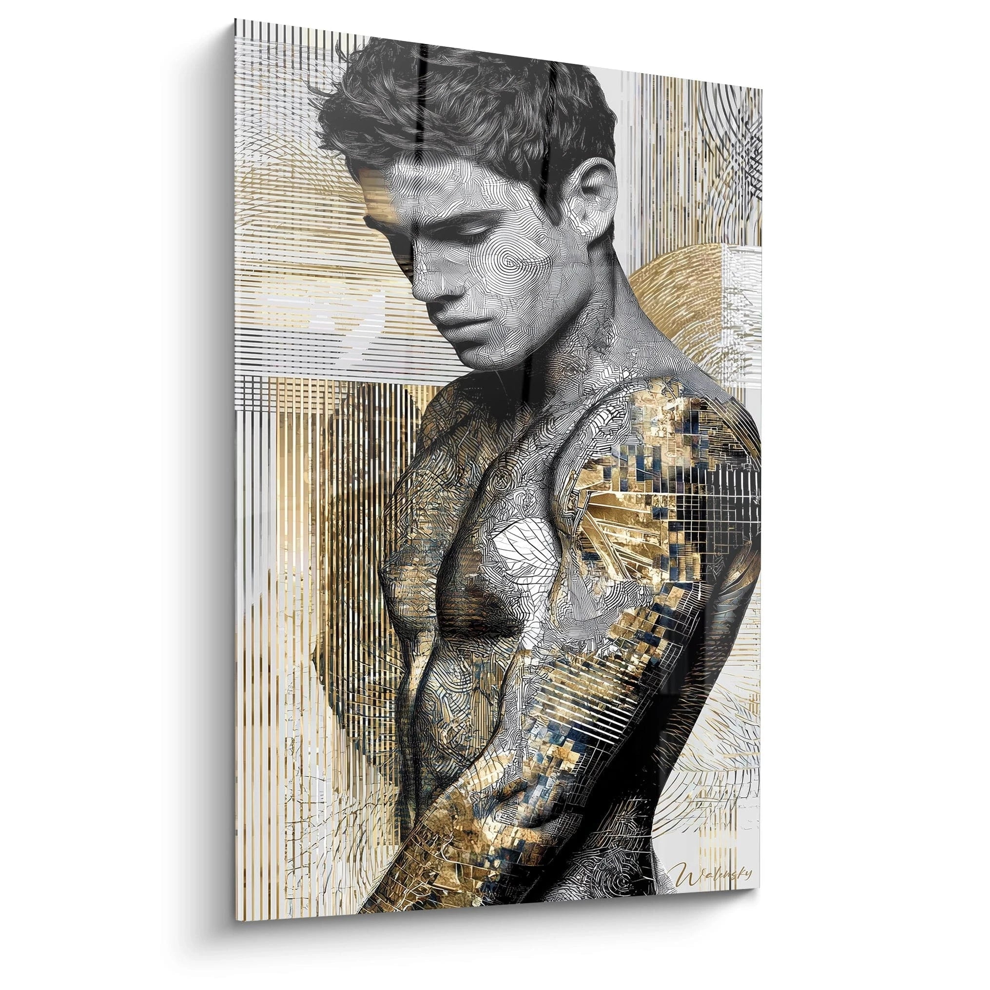 Tableau mural portrait urbain homme en noir et or avec des motifs géométriques modernes