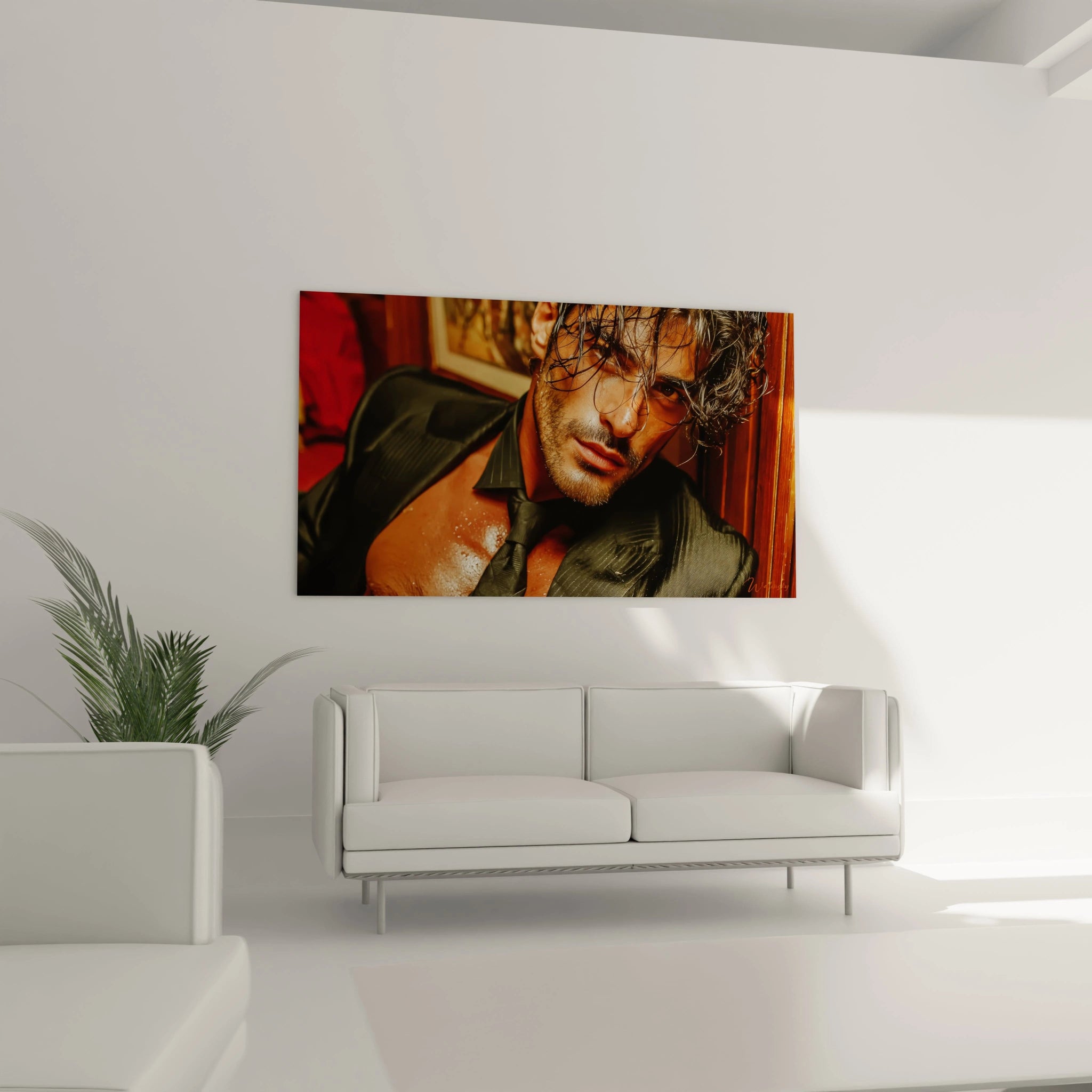 Tableau portrait masculin élégant de Walensky mettant en avant un homme en costume noir, idéal pour décoration intérieure