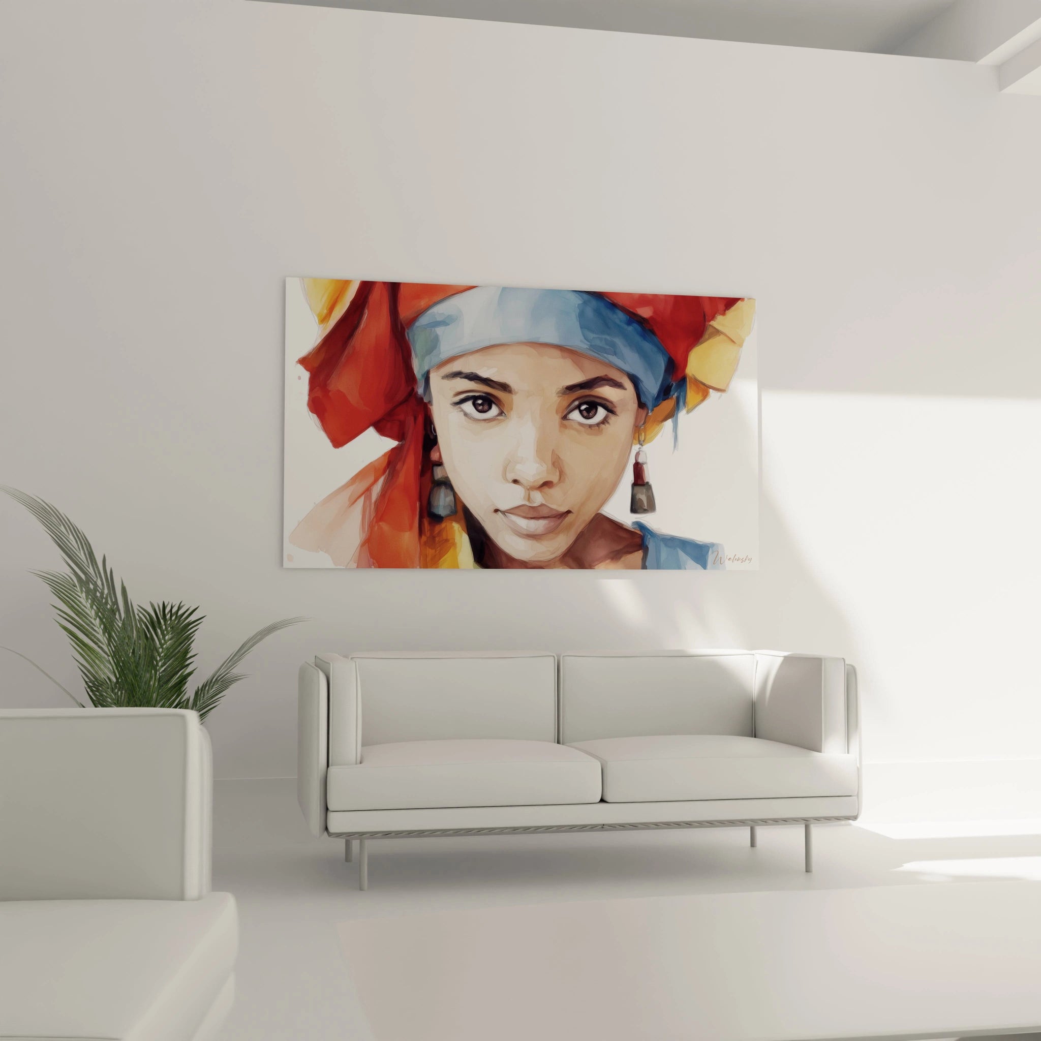 Tableau mural portrait africain moderne de Walensky représentant une jeune femme avec un foulard coloré