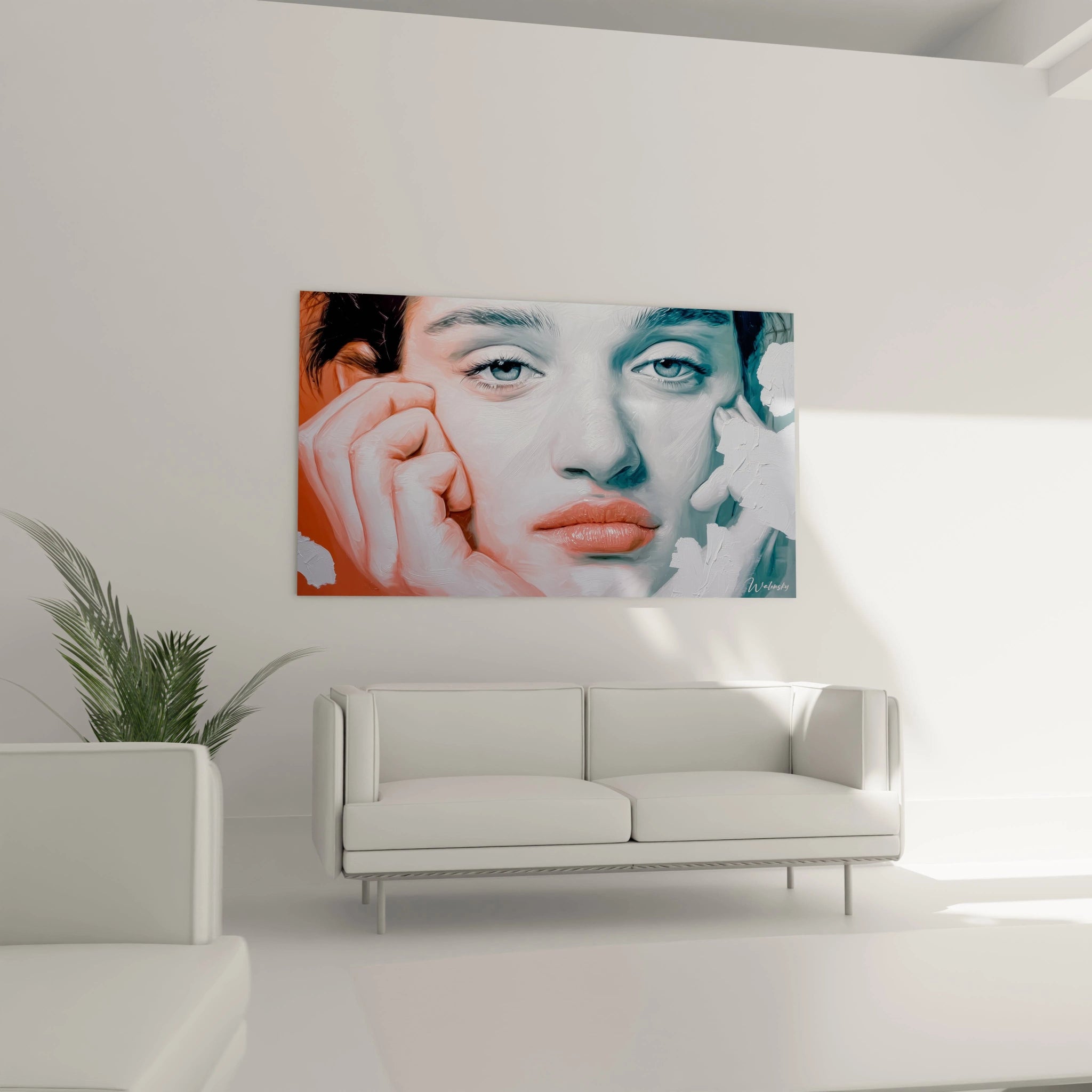 Walensky tableau portrait yeux océan visage de femme en tons corail et bleu accroché au dessus du canapé