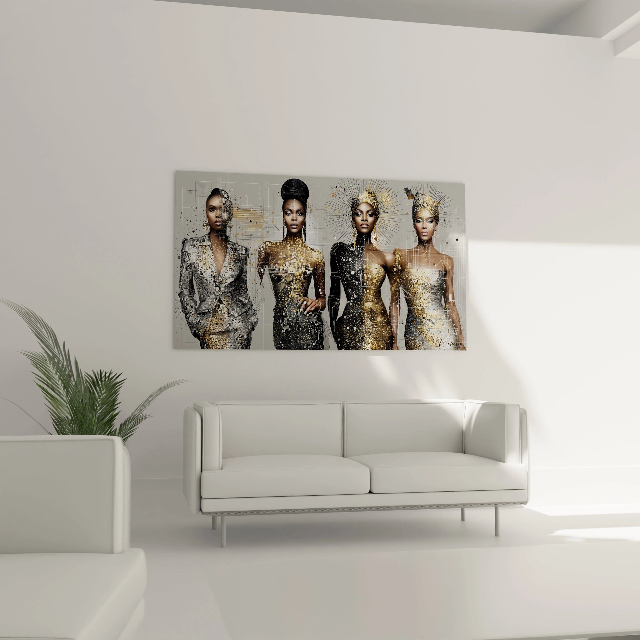 Tableau portraits féminins haute couture mettant en valeur des modèles élégants dans une décoration moderne