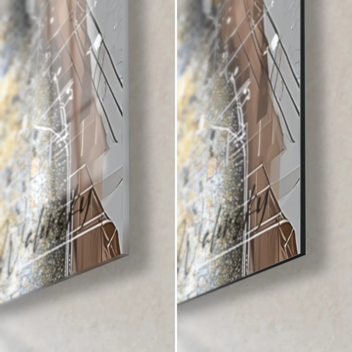 Wall art pixelated female portrait in gold and black, bottom right corner: glossy acrylic on the left, matte Dibond on the right, 3 mm edge