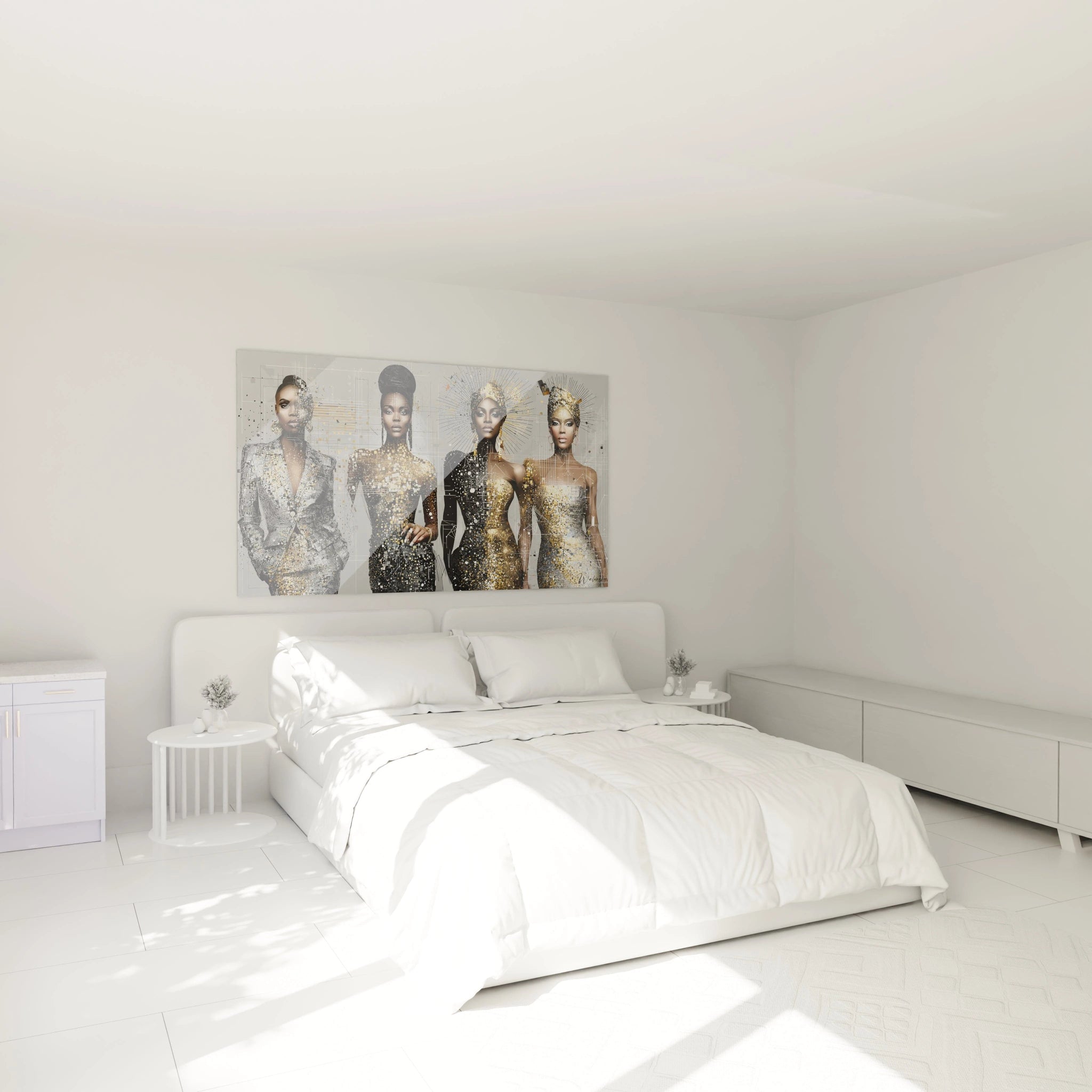 Tableau portraits féminins haute couture accroché au mur d'une chambre moderne avec lit blanc