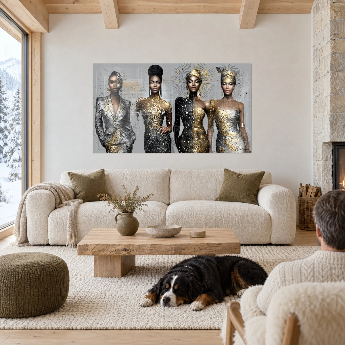 Wall art four mannequins in silver suits and sparkling gold dresses, grey background, above a sofa in a bright living room