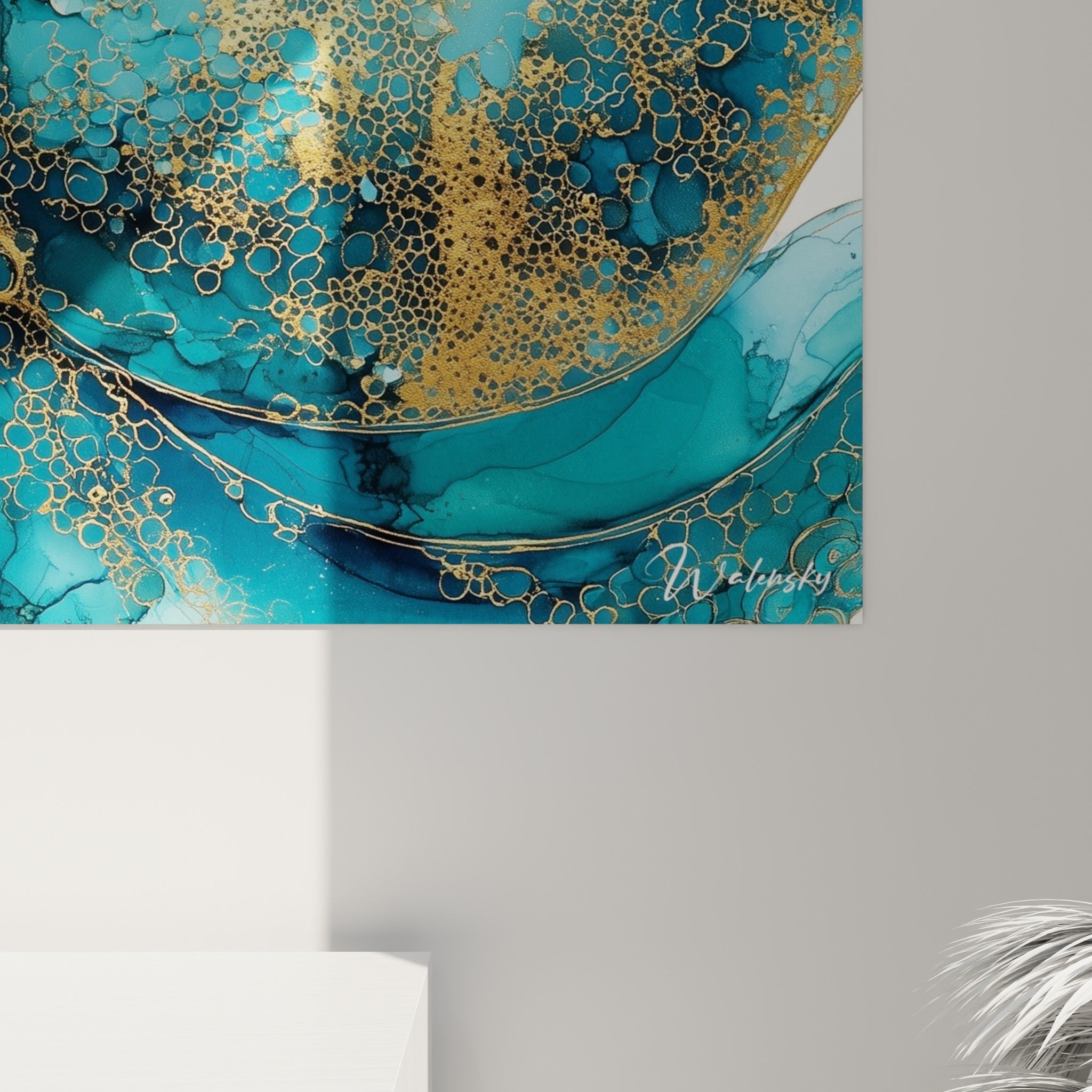 Détail des cercles dorés et des dégradés turquoise sur la texture encrée du tableau poulpe