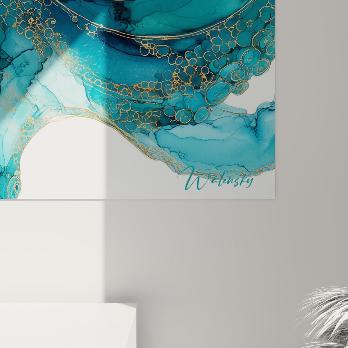 Détail des empâtements dorés et coulures turquoise sur les ventouses du poulpe peint