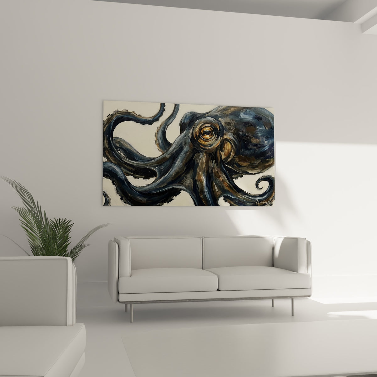Tentacules bleu marine et ocre enlaçant un œil doré perçant, au-dessus d'un canapé dans un salon lumineux