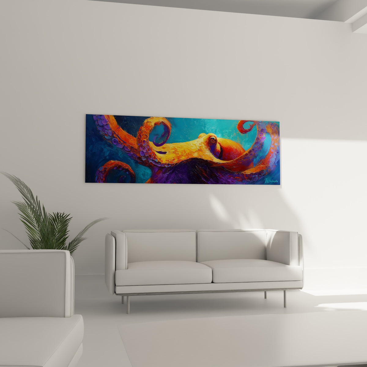 Tentacules orange et violets du poulpe en spirale sur fond turquoise, au-dessus d'un canapé dans un salon lumineux