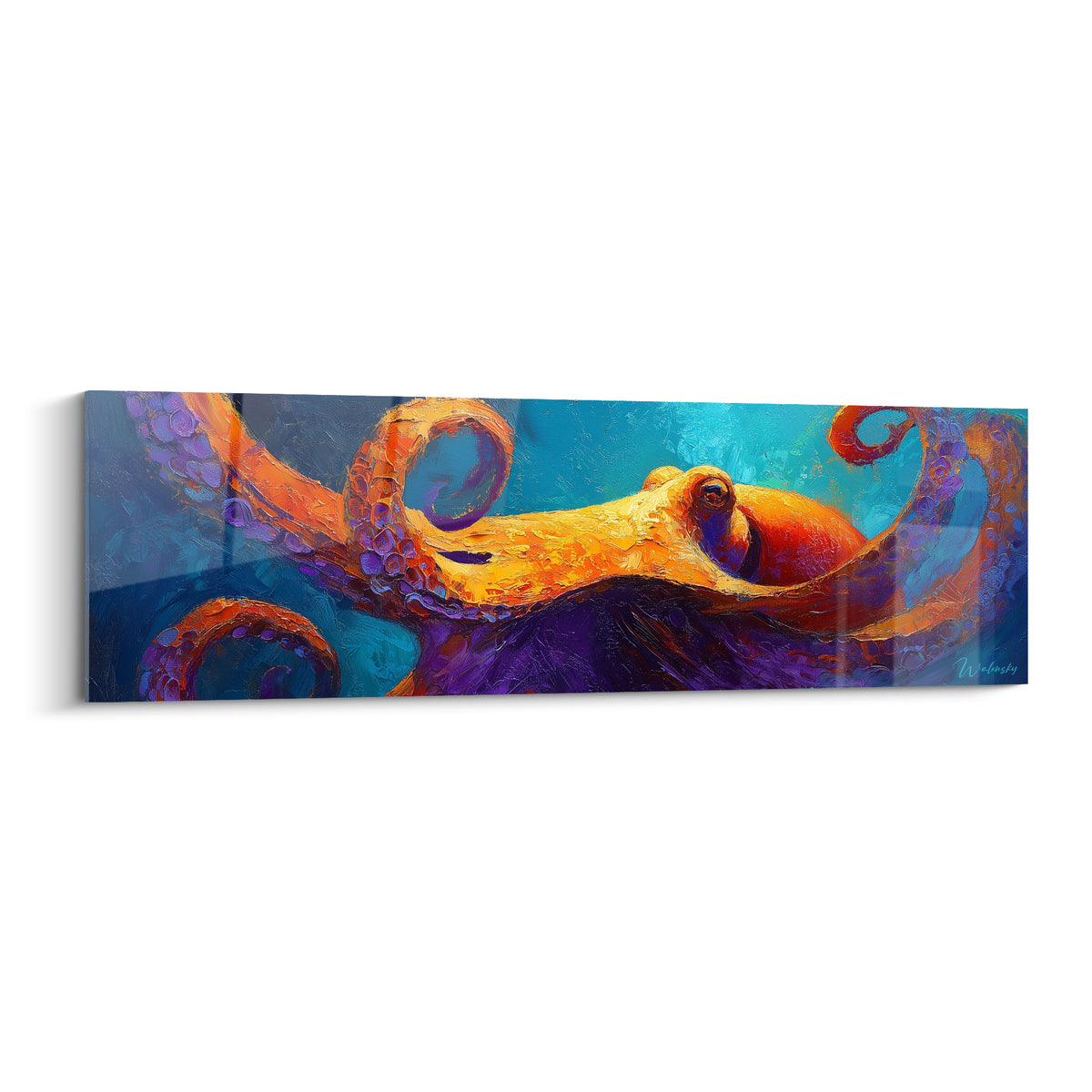 Poulpe orange aux tentacules violets enroulés sur fond bleu turquoise, peinture à l'huile texturée